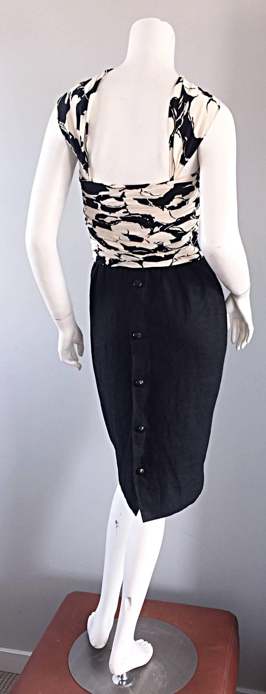 Valentino Vintage 1990s Black and White Silk Ruched Op - Art Floral Halter Dress For Sale 1