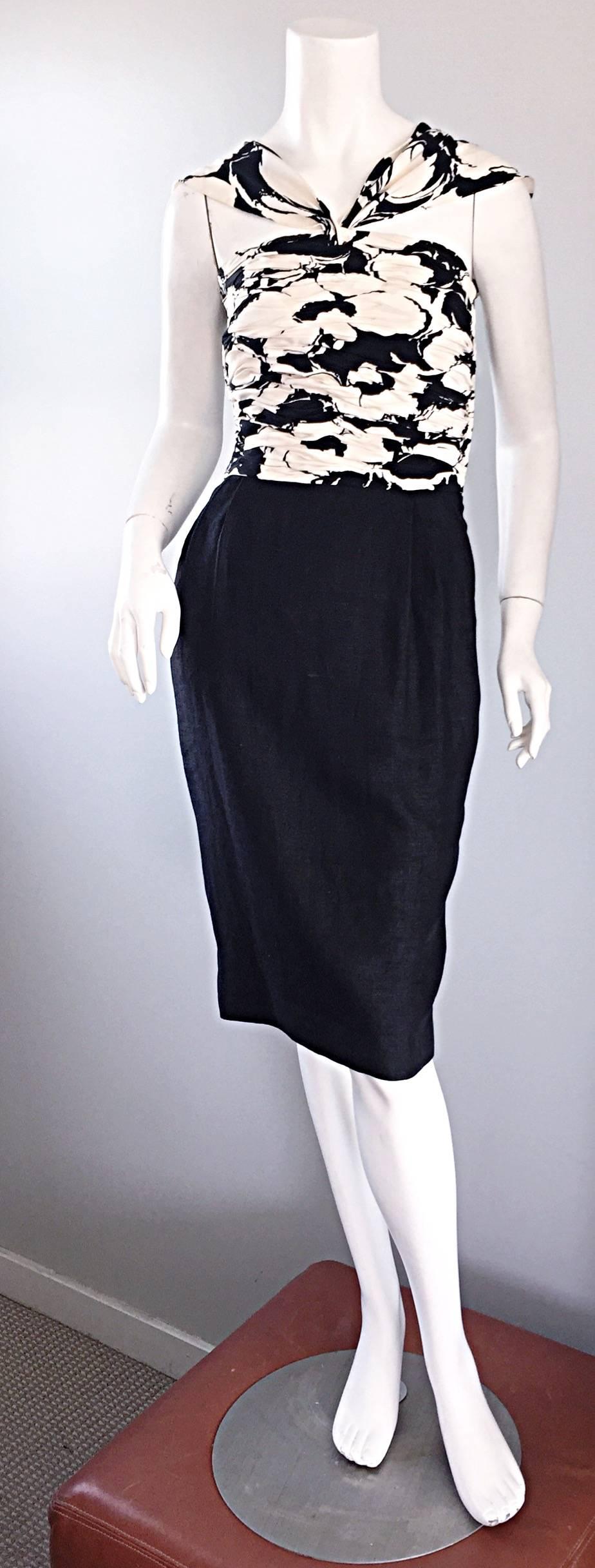 Stunning vintage 90s VALENTINO black and white silk and linen dress! Amazing attention to detail, with flattering ruched silk bodice in an op-art flower print. Straight fitted lined linen skirt., with signature black domed functional buttons up the
