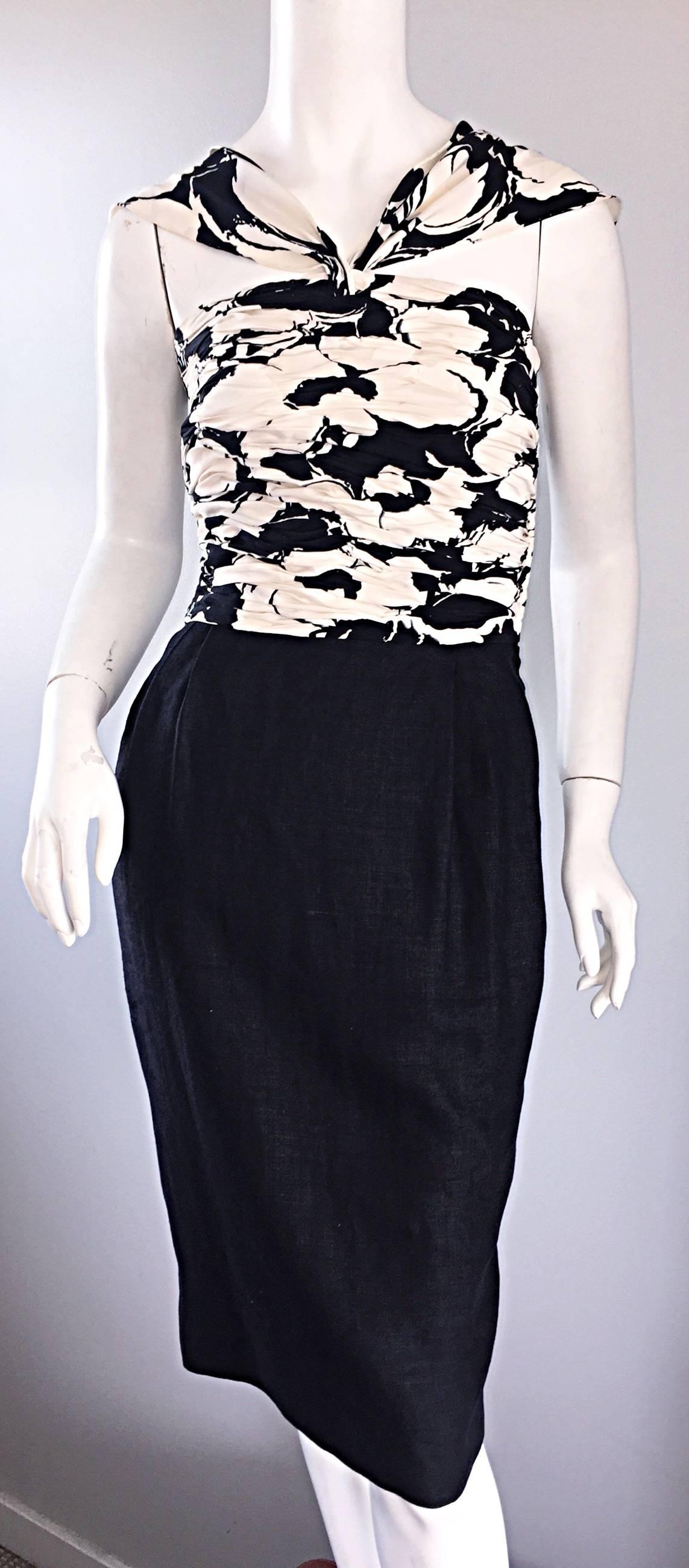 Women's Valentino Vintage 1990s Black and White Silk Ruched Op - Art Floral Halter Dress For Sale