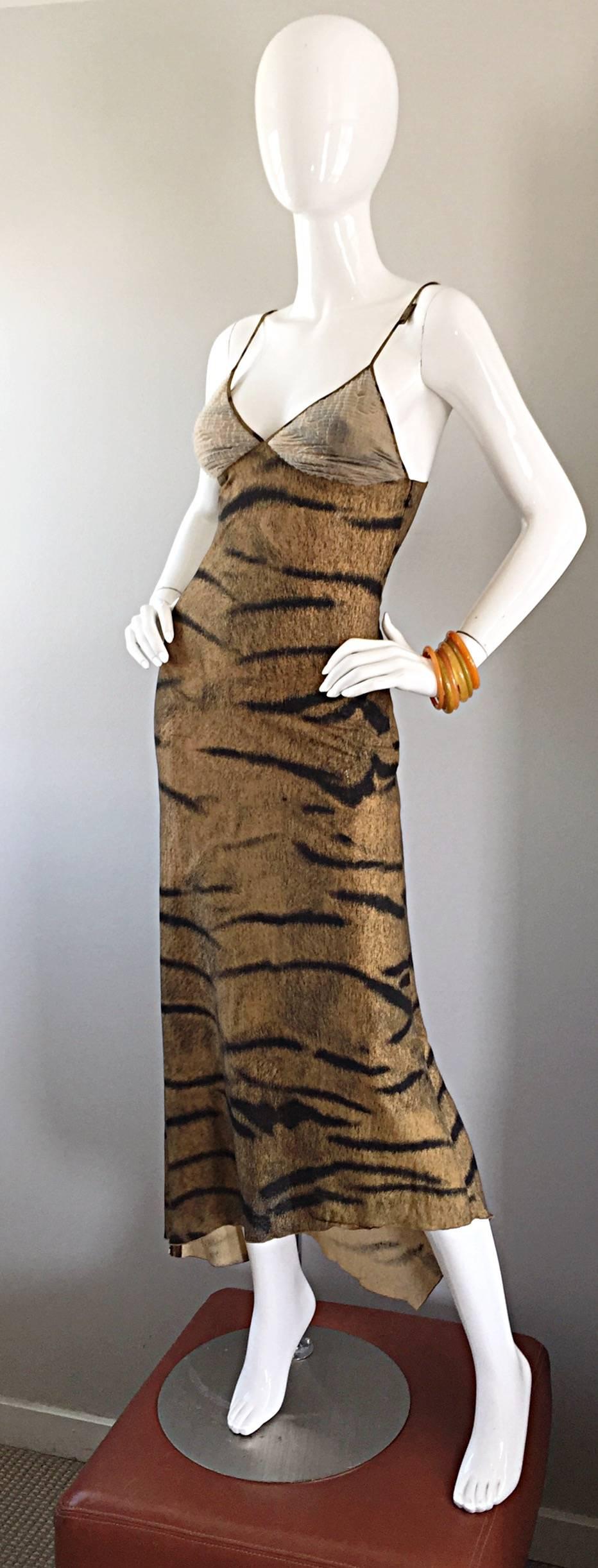 Brown Vintage Roberto Cavalli Early 1990s Tiger Print High - Low Asymmetrical Dress