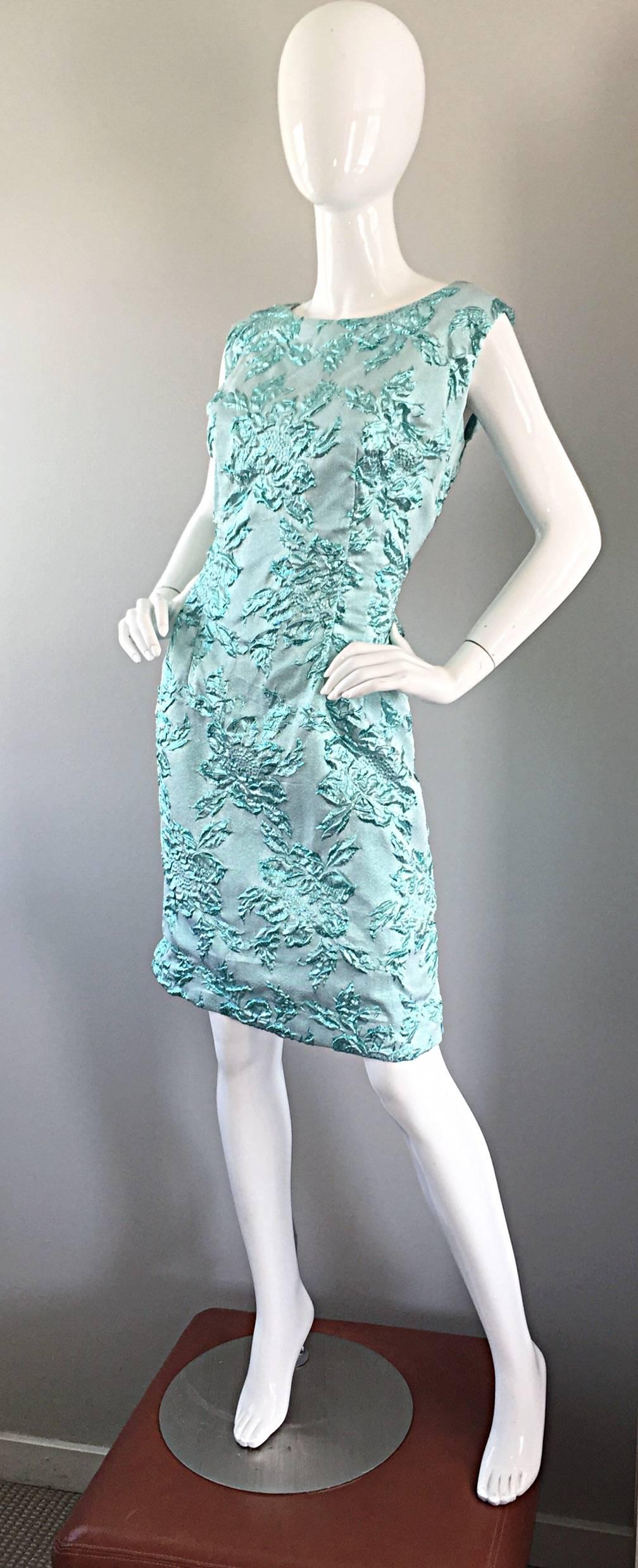 Women's Beautiful 1960s Light Blue Silk Metallic Lurex Teal Embroidered 50s Wiggle Dress