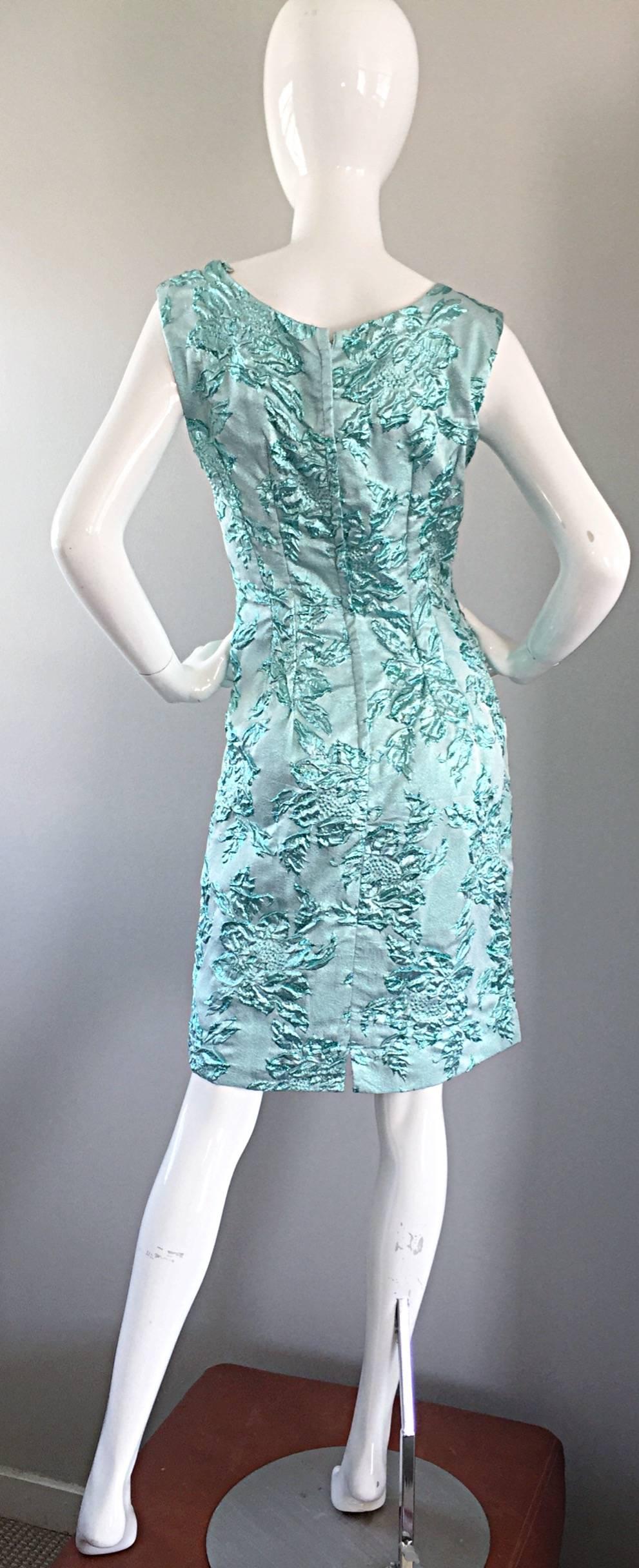 Beautiful 1960s Light Blue Silk Metallic Lurex Teal Embroidered 50s Wiggle Dress In Excellent Condition In San Diego, CA