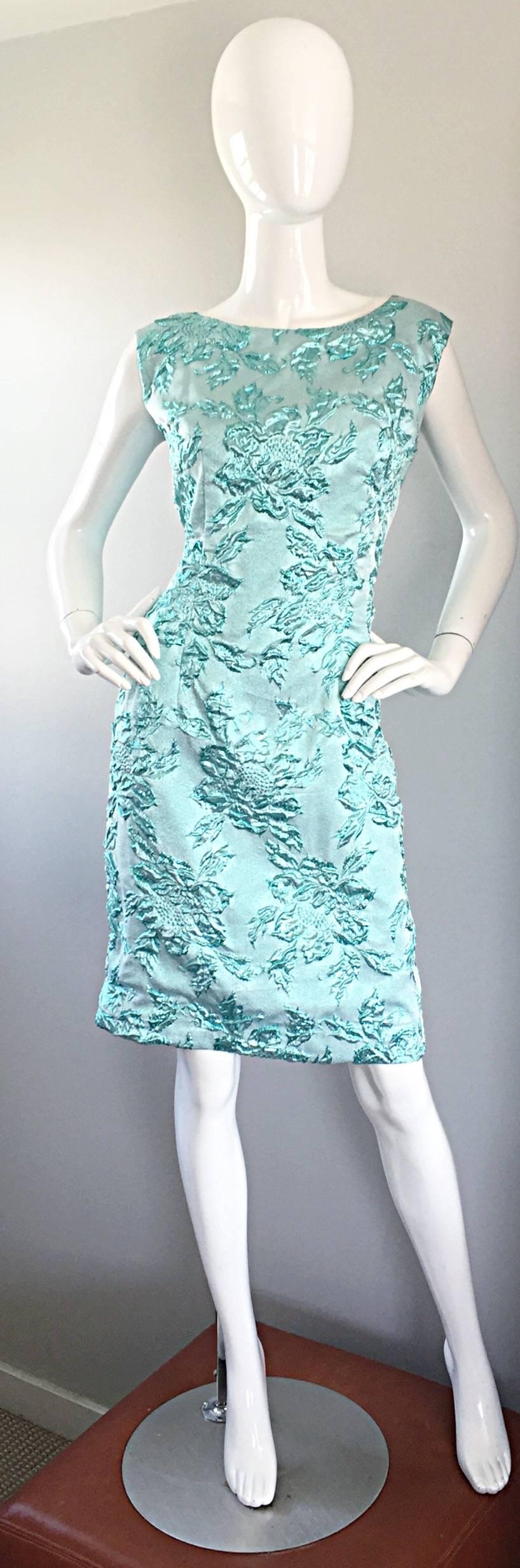 Beautiful 1960s Light Blue Silk Metallic Lurex Teal Embroidered 50s Wiggle Dress 3
