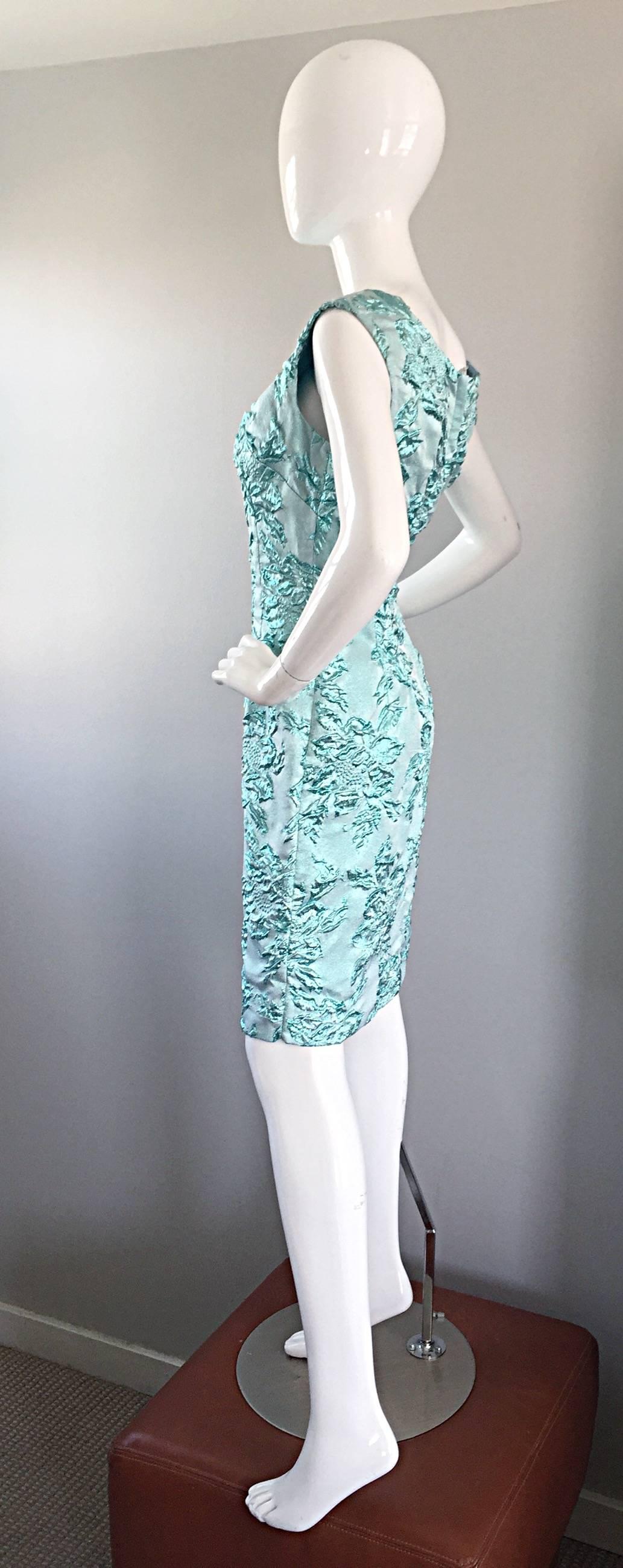 Beautiful 1960s Light Blue Silk Metallic Lurex Teal Embroidered 50s Wiggle Dress 1