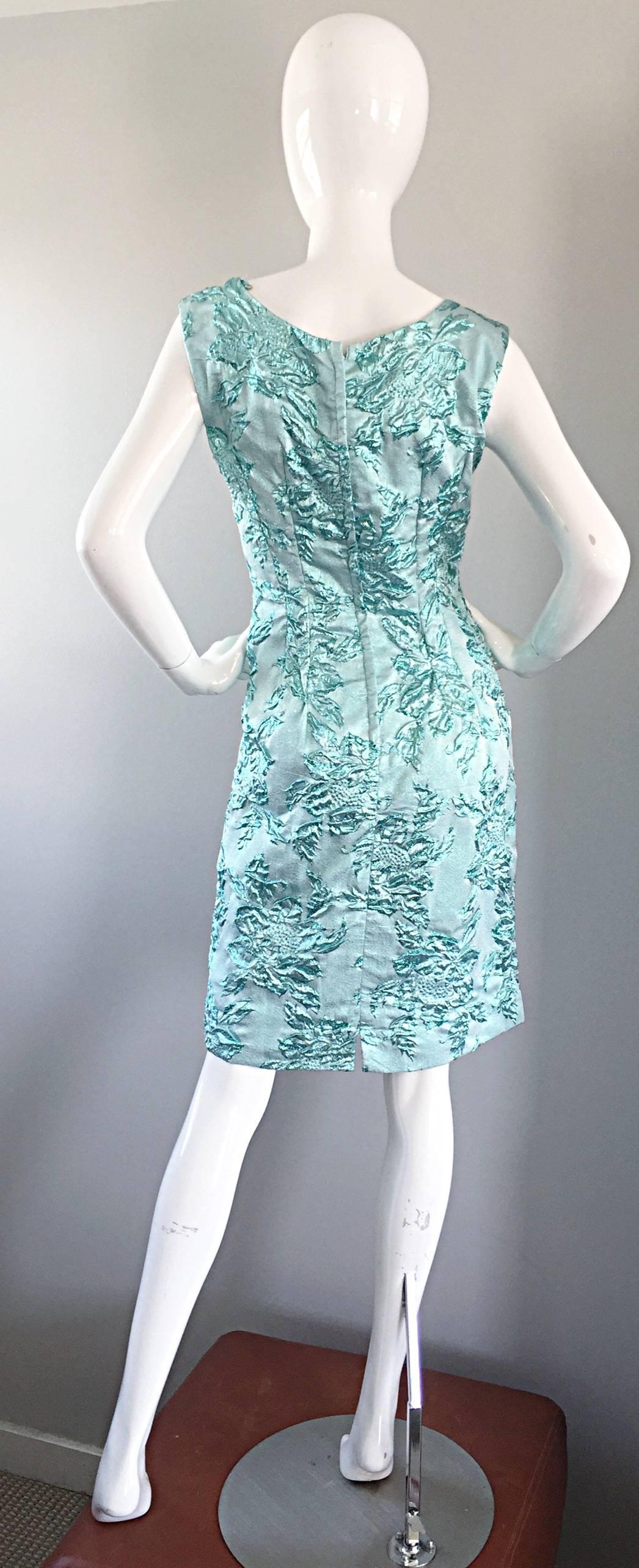 Beautiful 1960s Light Blue Silk Metallic Lurex Teal Embroidered 50s Wiggle Dress 2