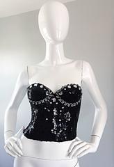 Vintage Dana Deatherage Black Sequin + Rhinestone + Beaded Corset Bustier Top