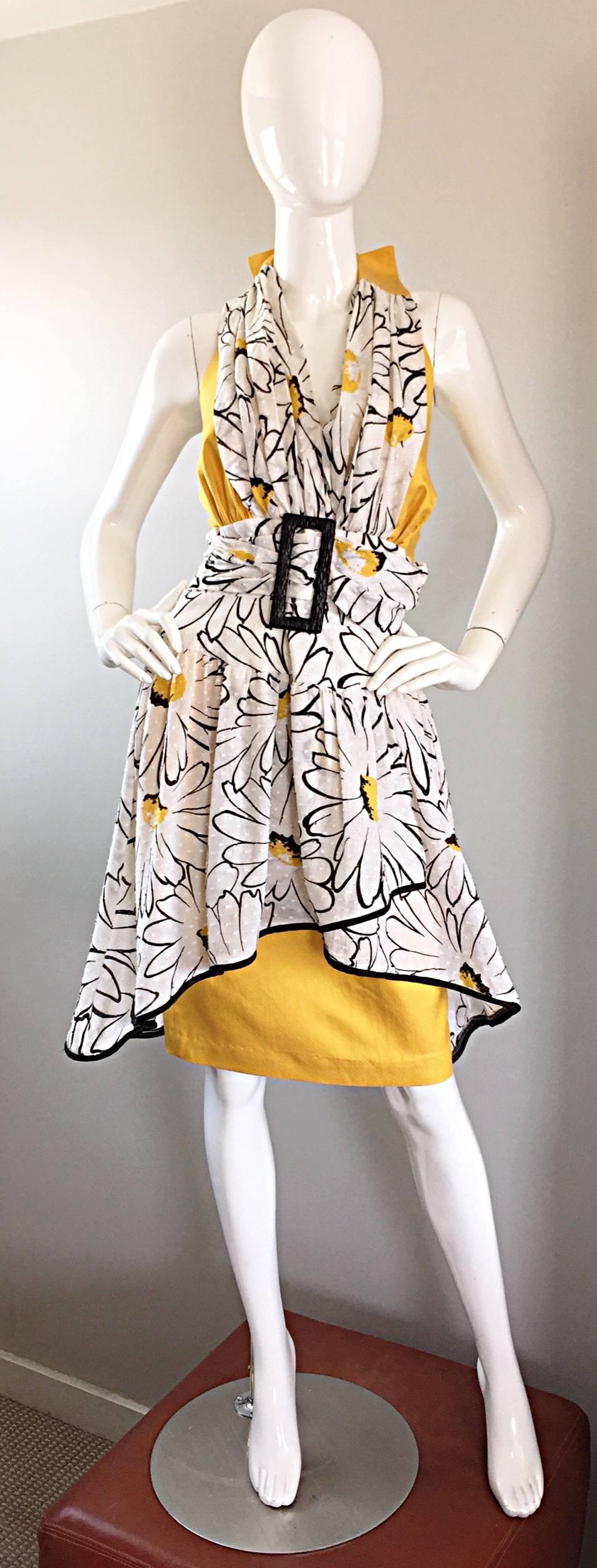 Avant Garde Vintage 80s Stephan Caras Black + Yellow + White Daisy Print Dress For Sale 1
