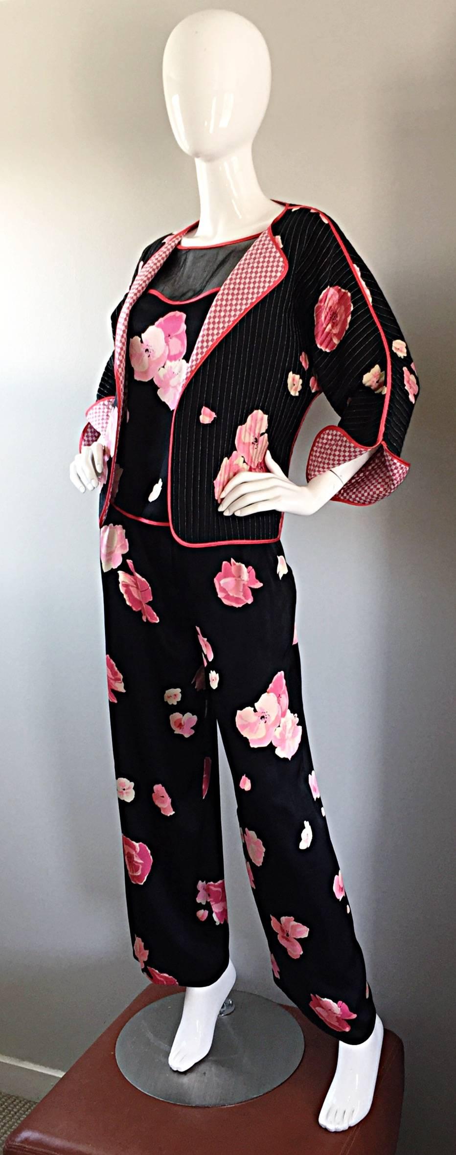 Black Important Geoffrey Beene Vintage 3 Piece Silk Pajama Style Jacket + Top + Pants  For Sale