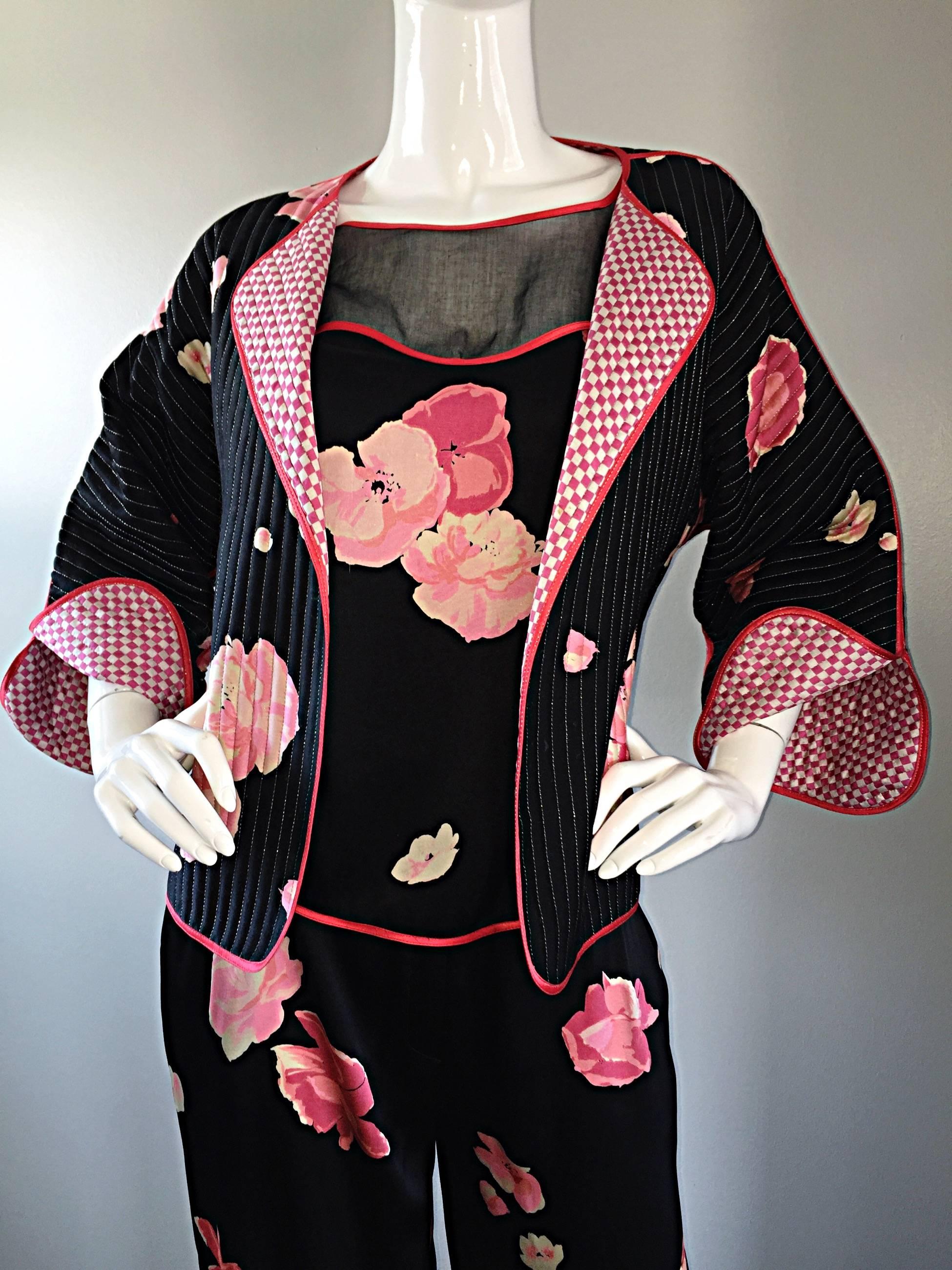 Important Geoffrey Beene Vintage 3 Piece Silk Pajama Style Jacket + Top + Pants  In Good Condition For Sale In San Diego, CA