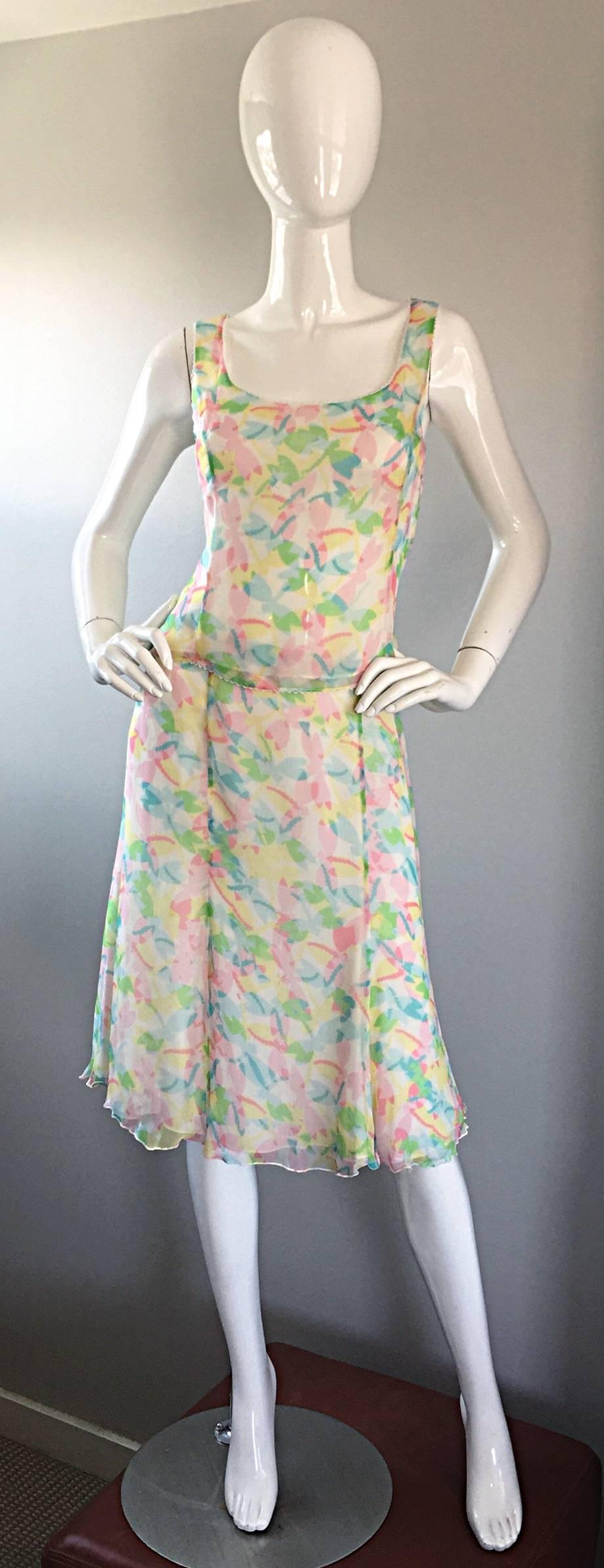 Vintage Rena Lange 1990s Silk Chiffon ' Dragonfly ' Dress Set Blouse + Skirt For Sale 1