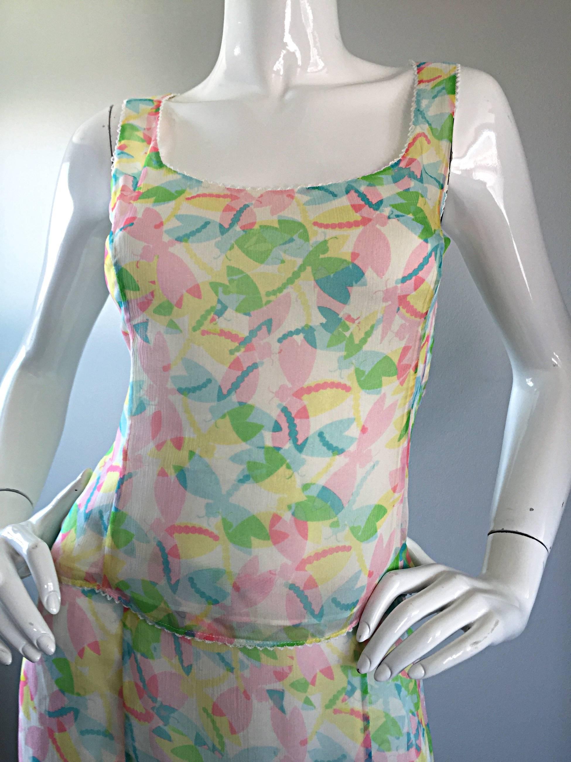 Vintage Vintage Rena Lange 1990er Jahre Seide Chiffon ' Libellen ' Kleid Set Bluse + Rock im Zustand „Hervorragend“ im Angebot in San Diego, CA