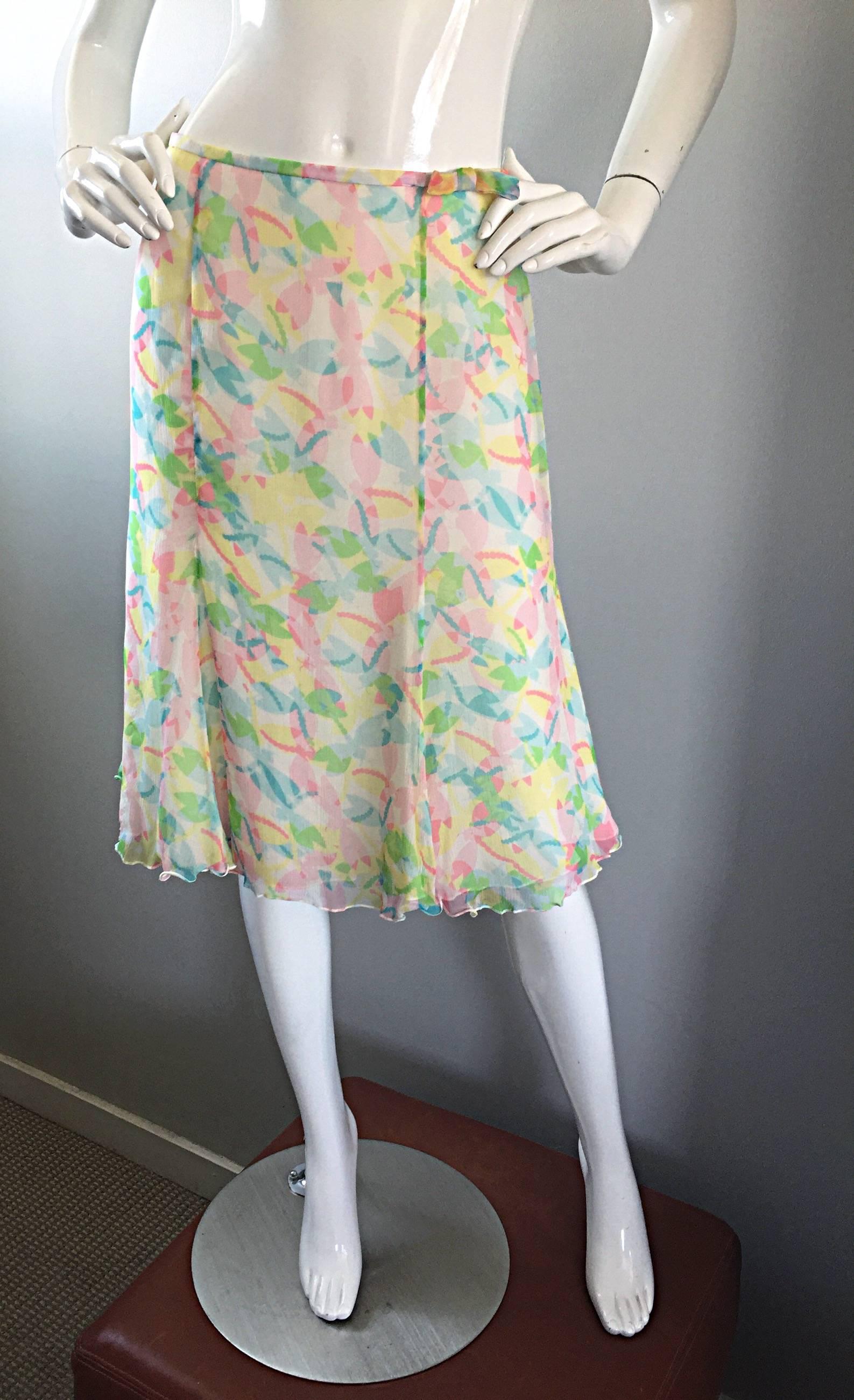 Women's Vintage Rena Lange 1990s Silk Chiffon ' Dragonfly ' Dress Set Blouse + Skirt For Sale