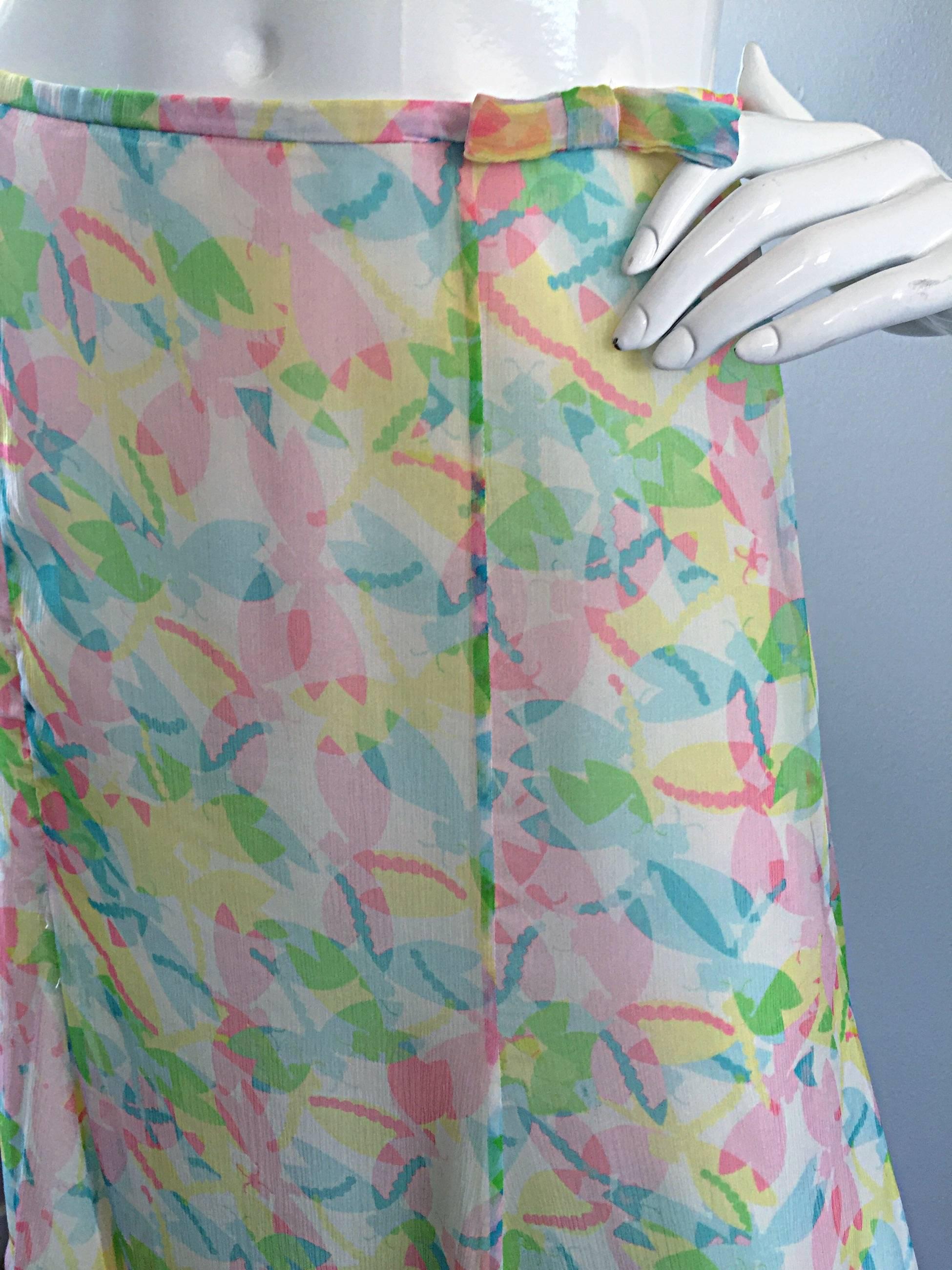 Brown Vintage Rena Lange 1990s Silk Chiffon ' Dragonfly ' Dress Set Blouse + Skirt For Sale