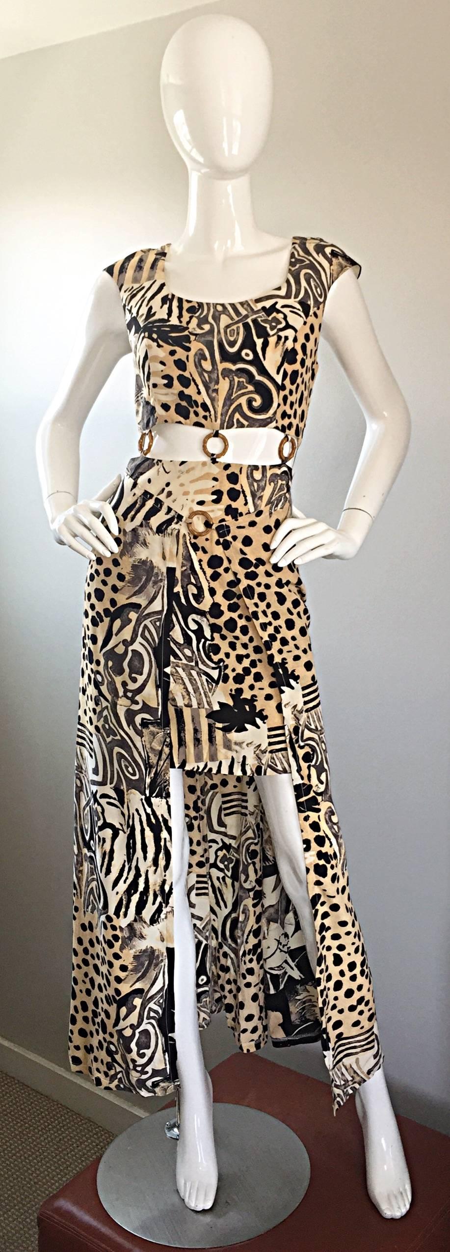 Amazing 1990s Vintage High - Low Animal Print Boho Bamboo Cut - Out 90s Dress In Excellent Condition In San Diego, CA