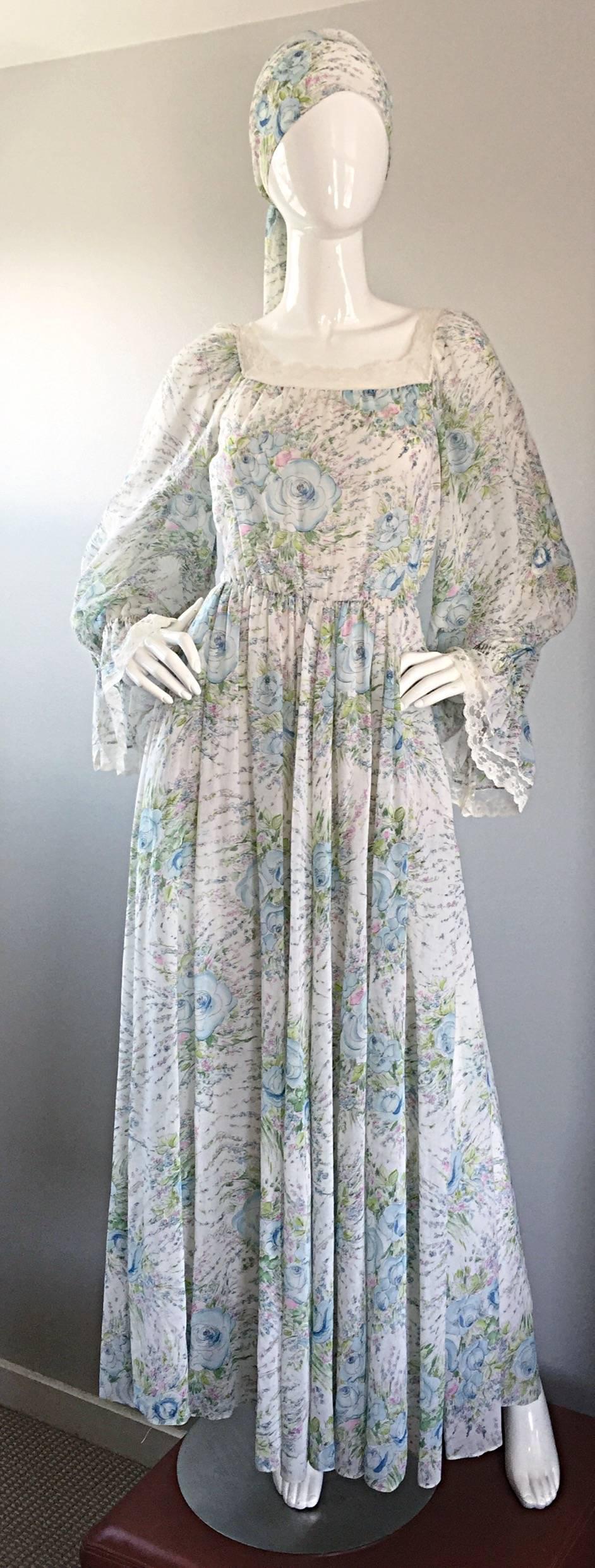 Absolutely breathtaking vintage 70s OSCAR DE LA RENTA for Neiman Marcus ivory flower screen printed boho maxi dress and head scarf / belt! I don't even know where to start with describing this masterpiece...quite possibly my favorite Oscar piece