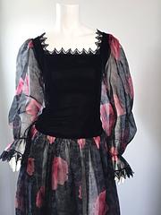 Guy Laroche Vintage Chiffon + Silk Velvet Black + Red Flower Print Gown Dress