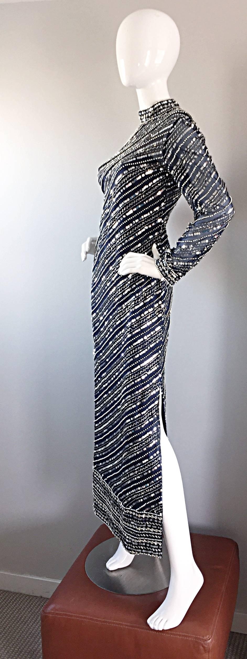 Beautiful 1960s Bill Tice for Malcolm Starr Navy Blue Silk Sequin Beaded Gown 2