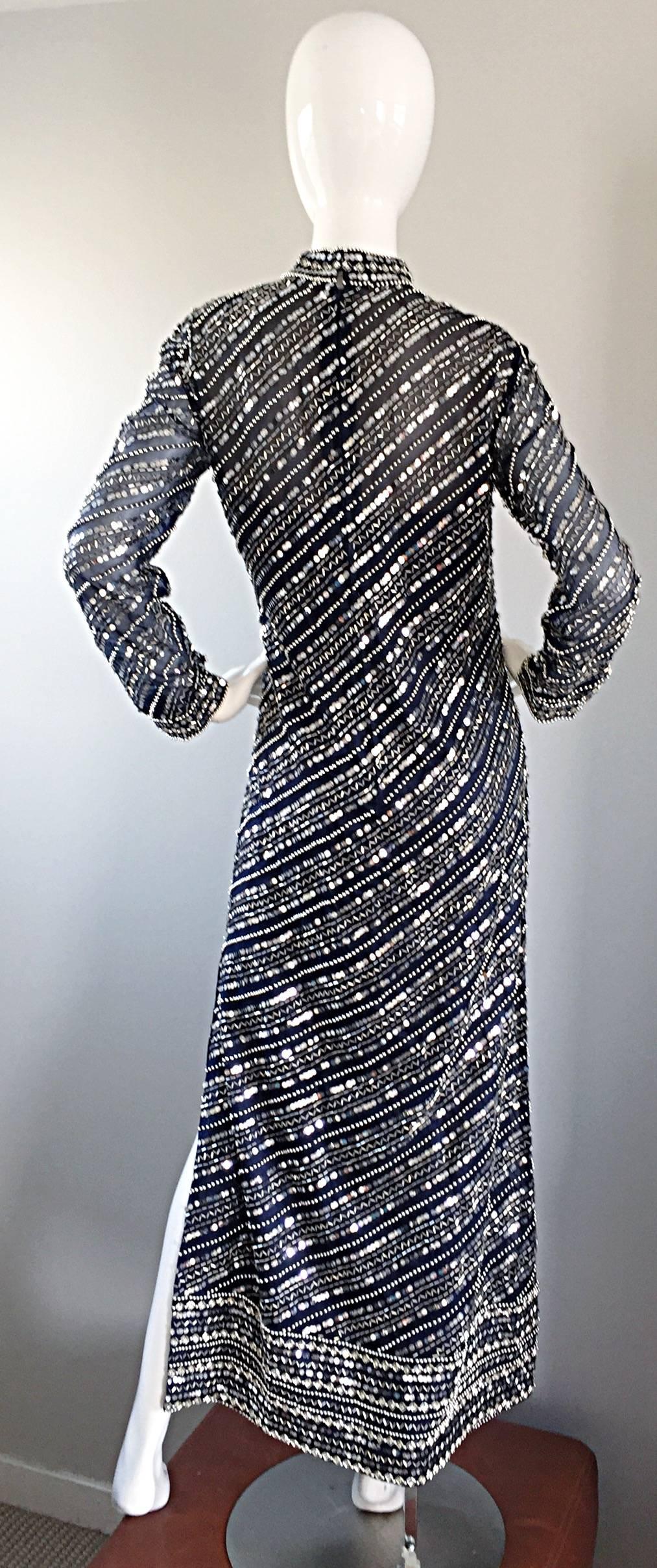 Beautiful 1960s Bill Tice for Malcolm Starr Navy Blue Silk Sequin Beaded Gown 1