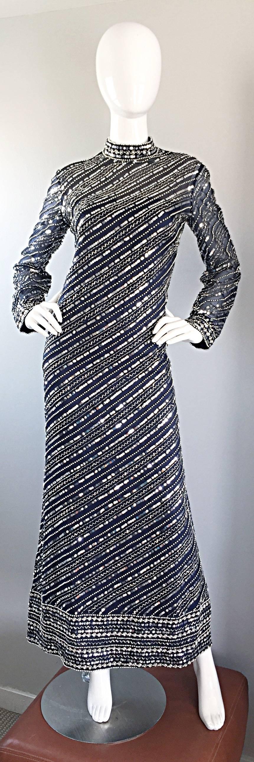 Beautiful 1960s Bill Tice for Malcolm Starr Navy Blue Silk Sequin Beaded Gown 4