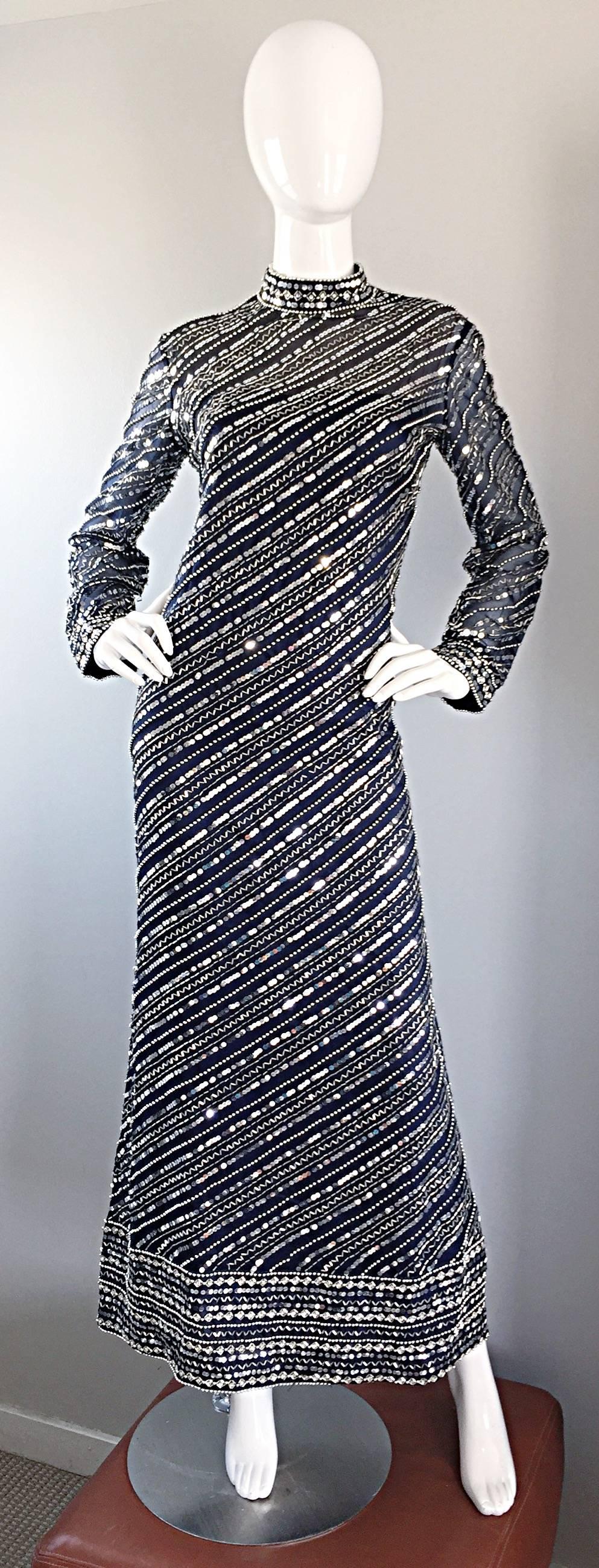 Black Beautiful 1960s Bill Tice for Malcolm Starr Navy Blue Silk Sequin Beaded Gown