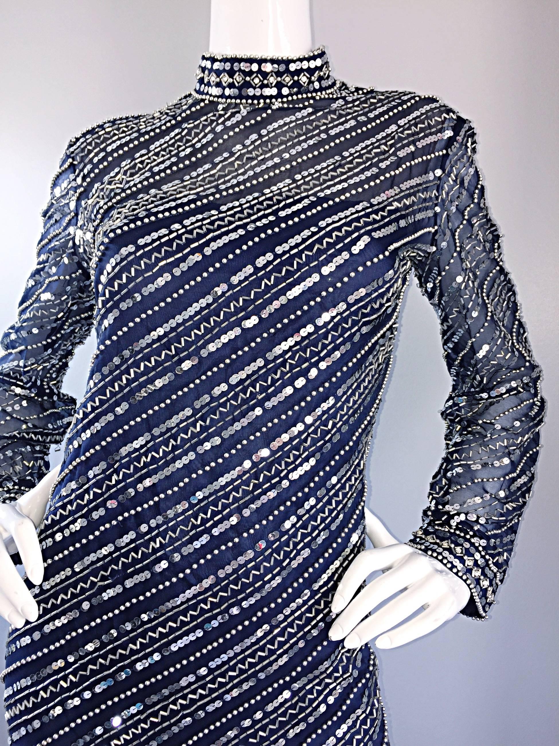 Beautiful 1960s Bill Tice for Malcolm Starr Navy Blue Silk Sequin Beaded Gown 3