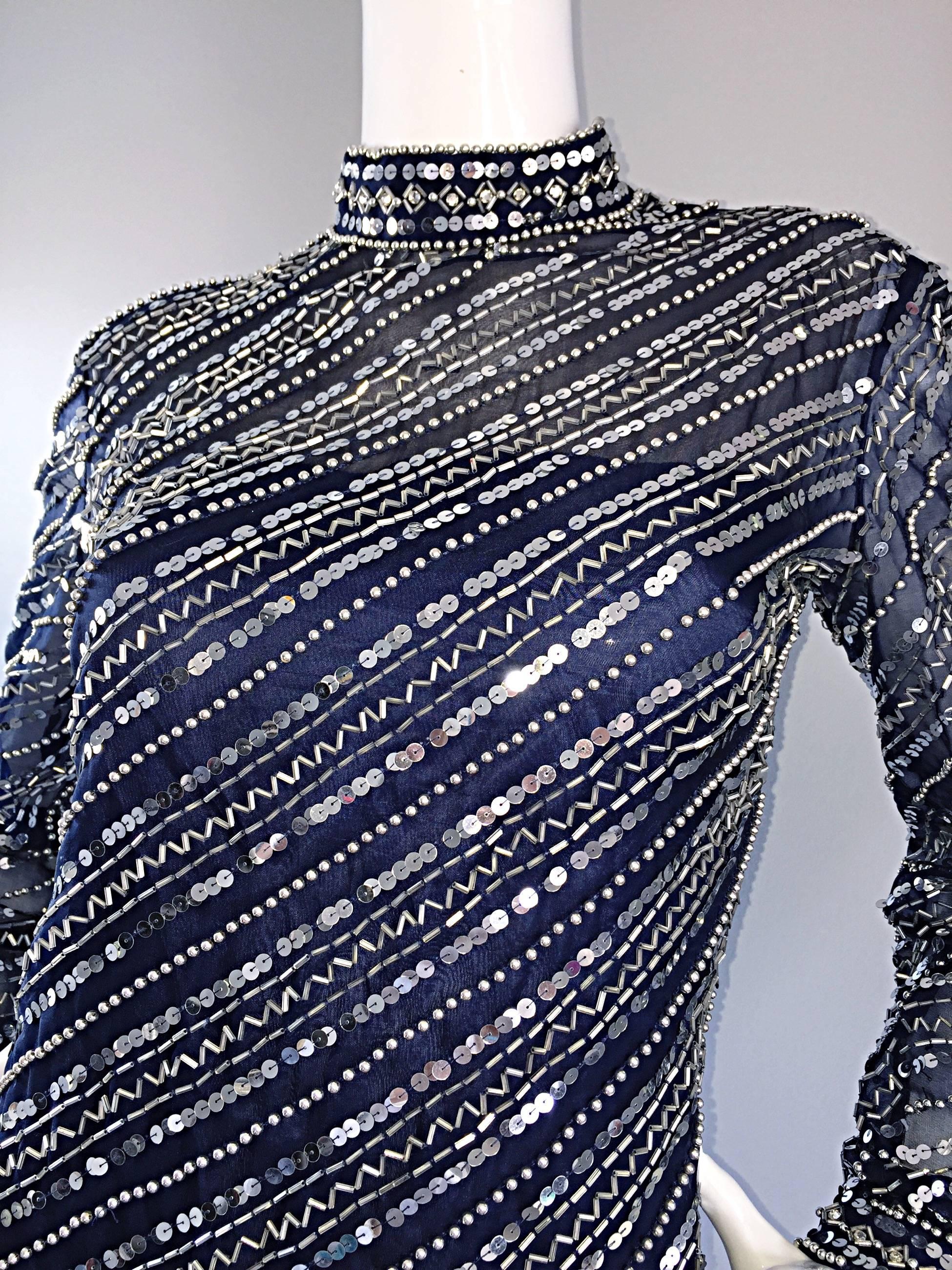 Beautiful 1960s Bill Tice for Malcolm Starr Navy Blue Silk Sequin Beaded Gown In Excellent Condition In San Diego, CA