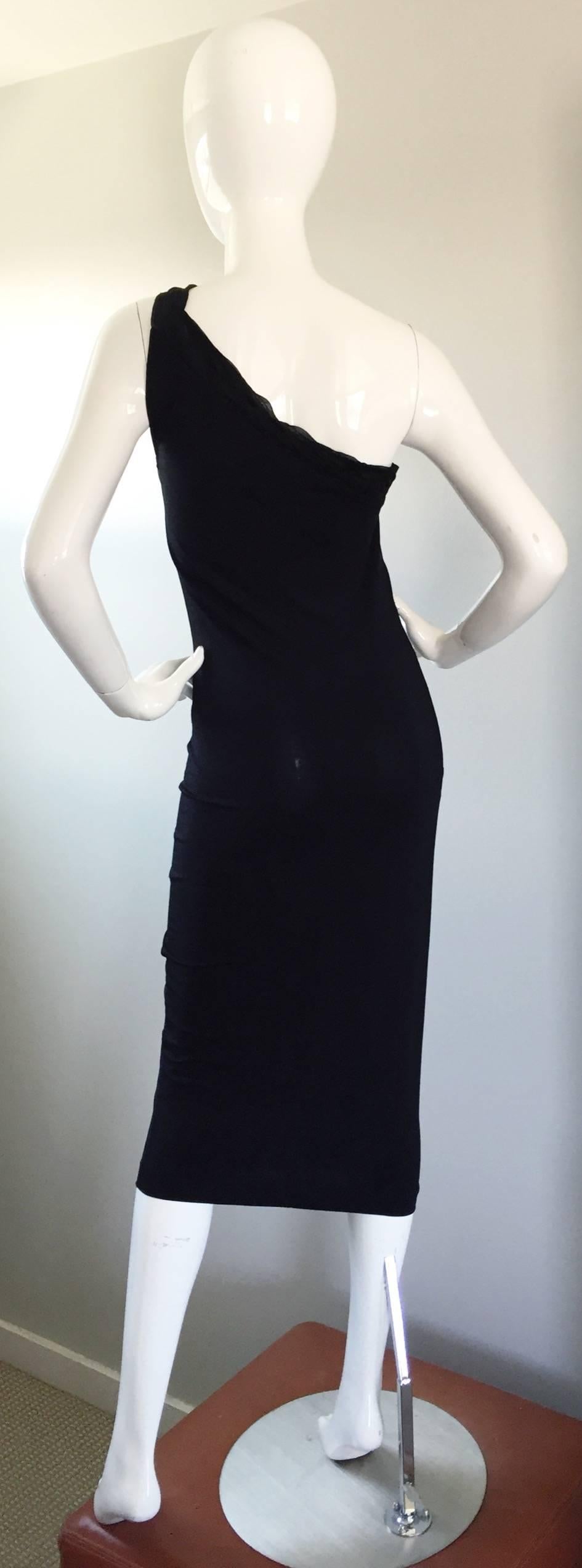 Romeo Gigli Vintage 90s Sexy Black Jersey One Shoulder ' Slashed ' Bodycon Dress 1