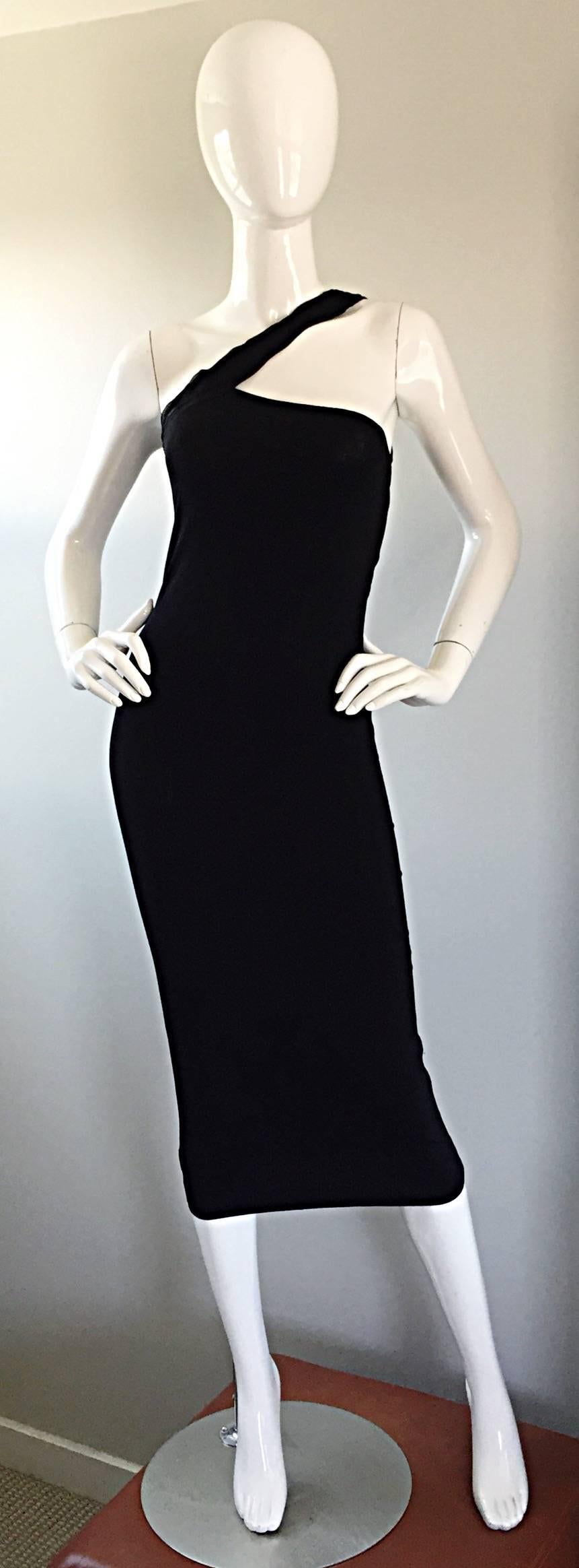 Romeo Gigli Vintage 90s Sexy Black Jersey One Shoulder ' Slashed ' Bodycon Dress 4