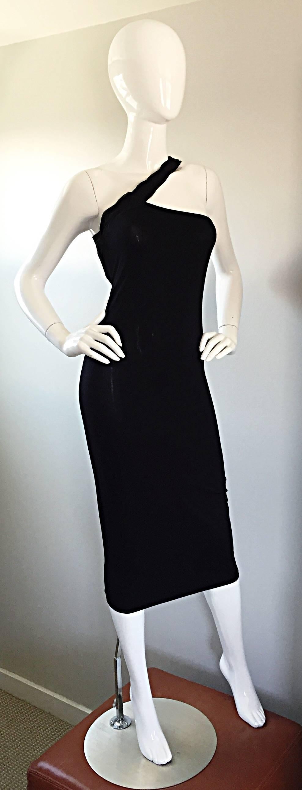 Women's Romeo Gigli Vintage 90s Sexy Black Jersey One Shoulder ' Slashed ' Bodycon Dress