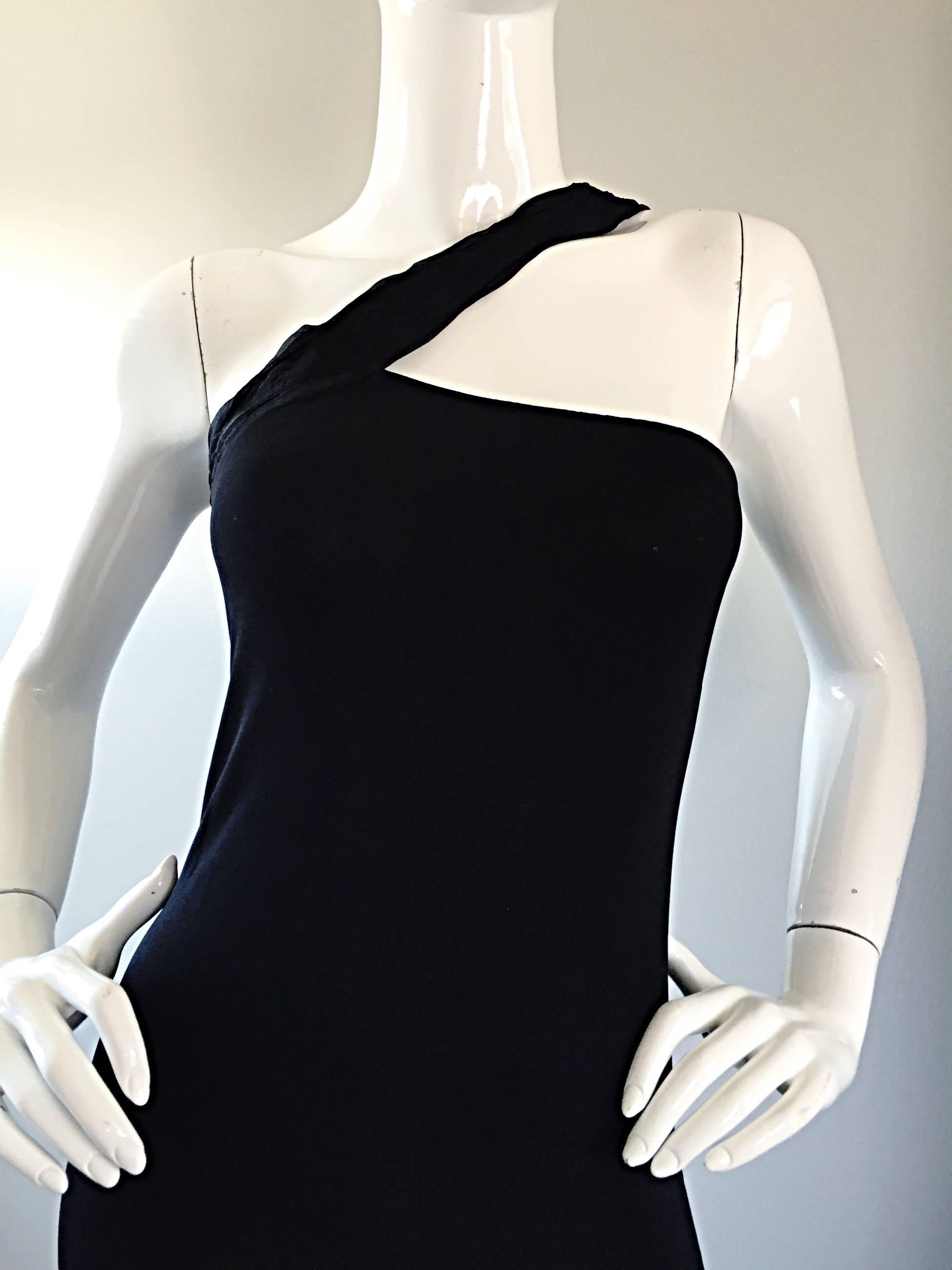 Romeo Gigli Vintage 90s Sexy Black Jersey One Shoulder ' Slashed ' Bodycon Dress In Excellent Condition In San Diego, CA