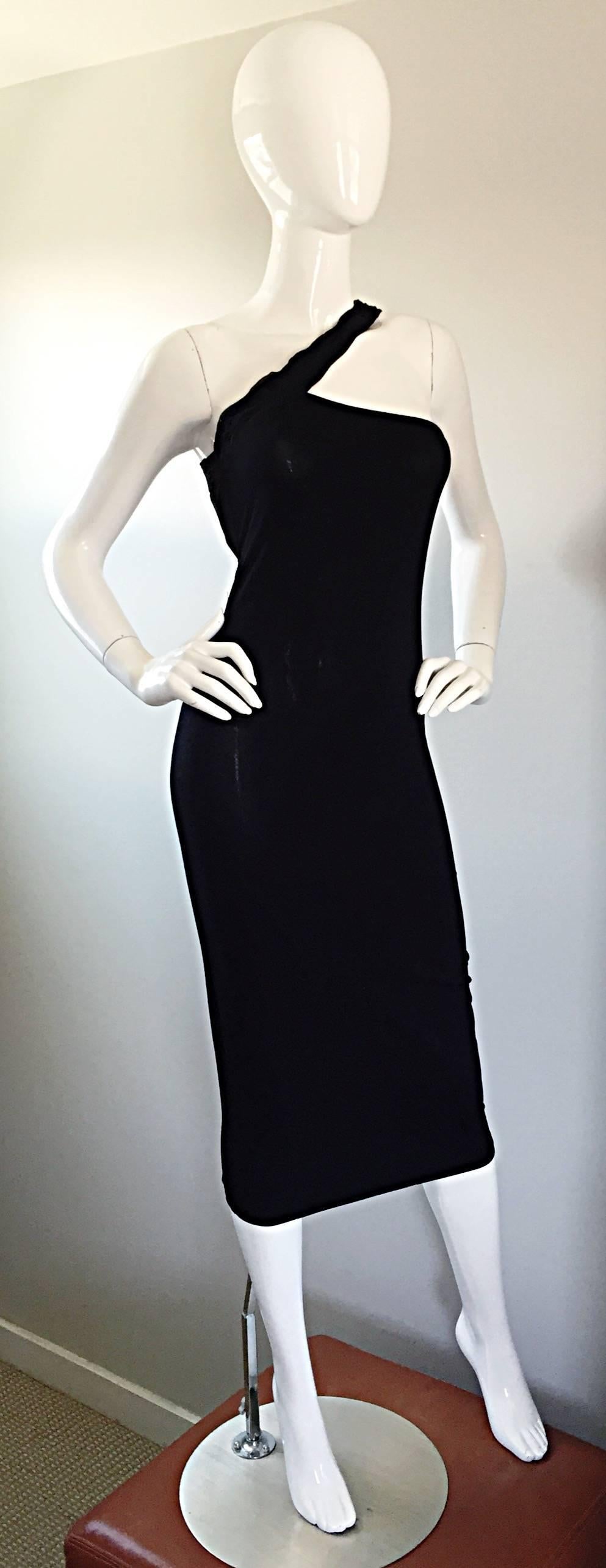 Romeo Gigli Vintage 90s Sexy Black Jersey One Shoulder ' Slashed ' Bodycon Dress 2