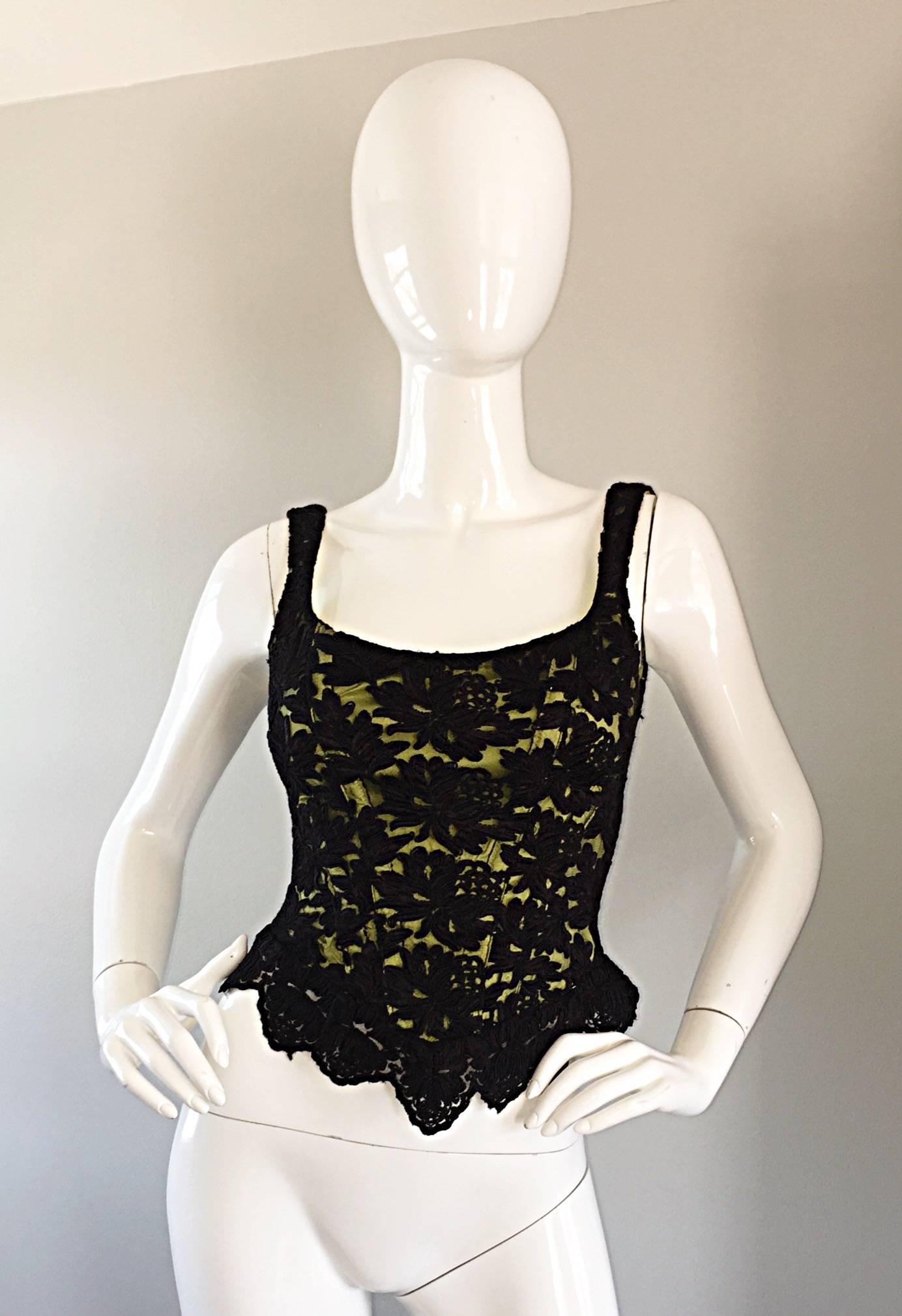 Sexy 1990s GIGI CLARK for LILLIE RUBIN black and chartreuse lace bustier/corset top! Brand new with original tags from Lillie Rubin still attached.  Chartreuse green silk, with a hand-sewn black lace overlay. Hook-and-eye closures up the entire