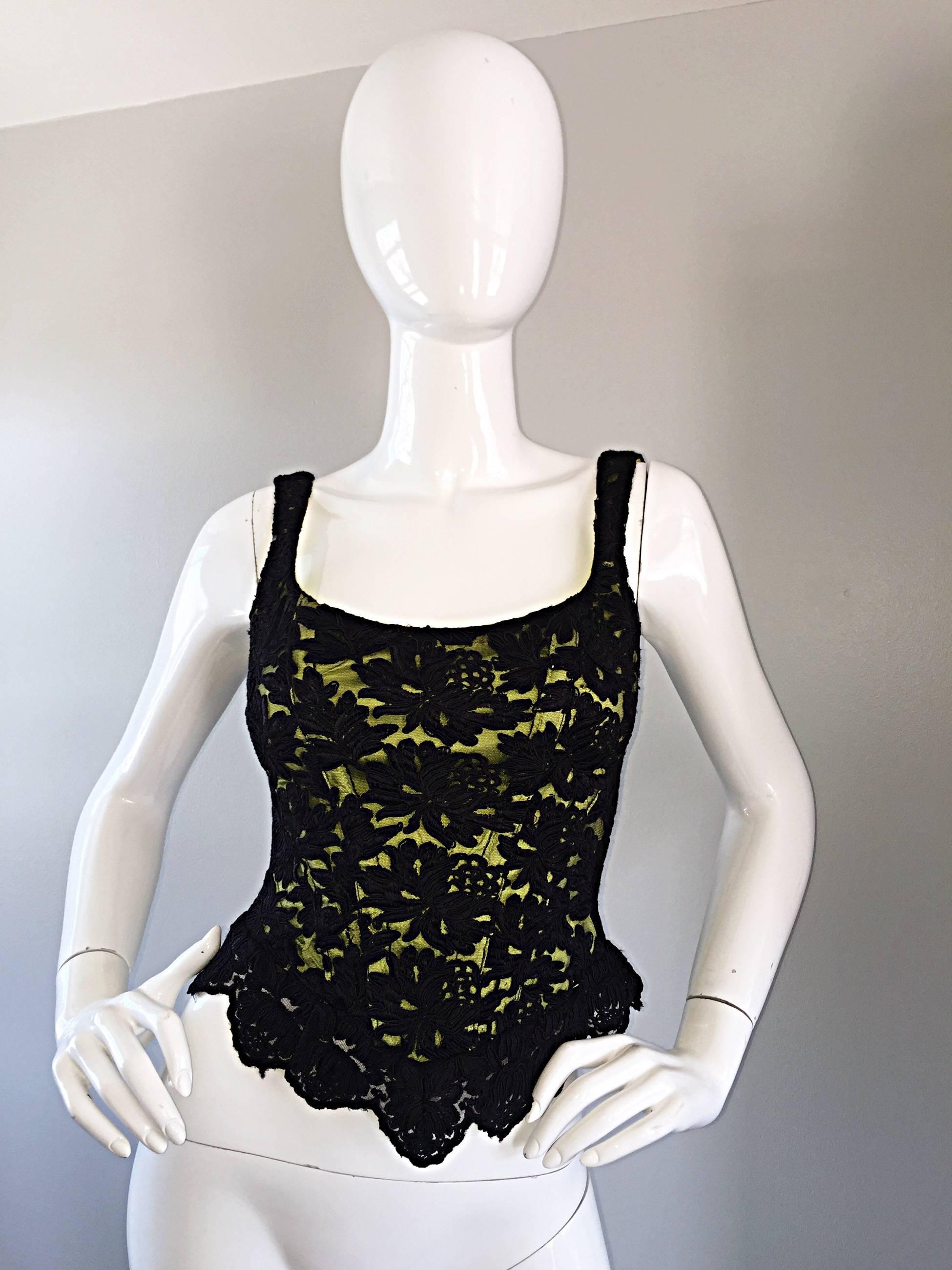 NWT Vintage Gigi Clark For Lillie Rubin 90s Chartreuse + Black Lace Bustier Top In New Condition For Sale In San Diego, CA