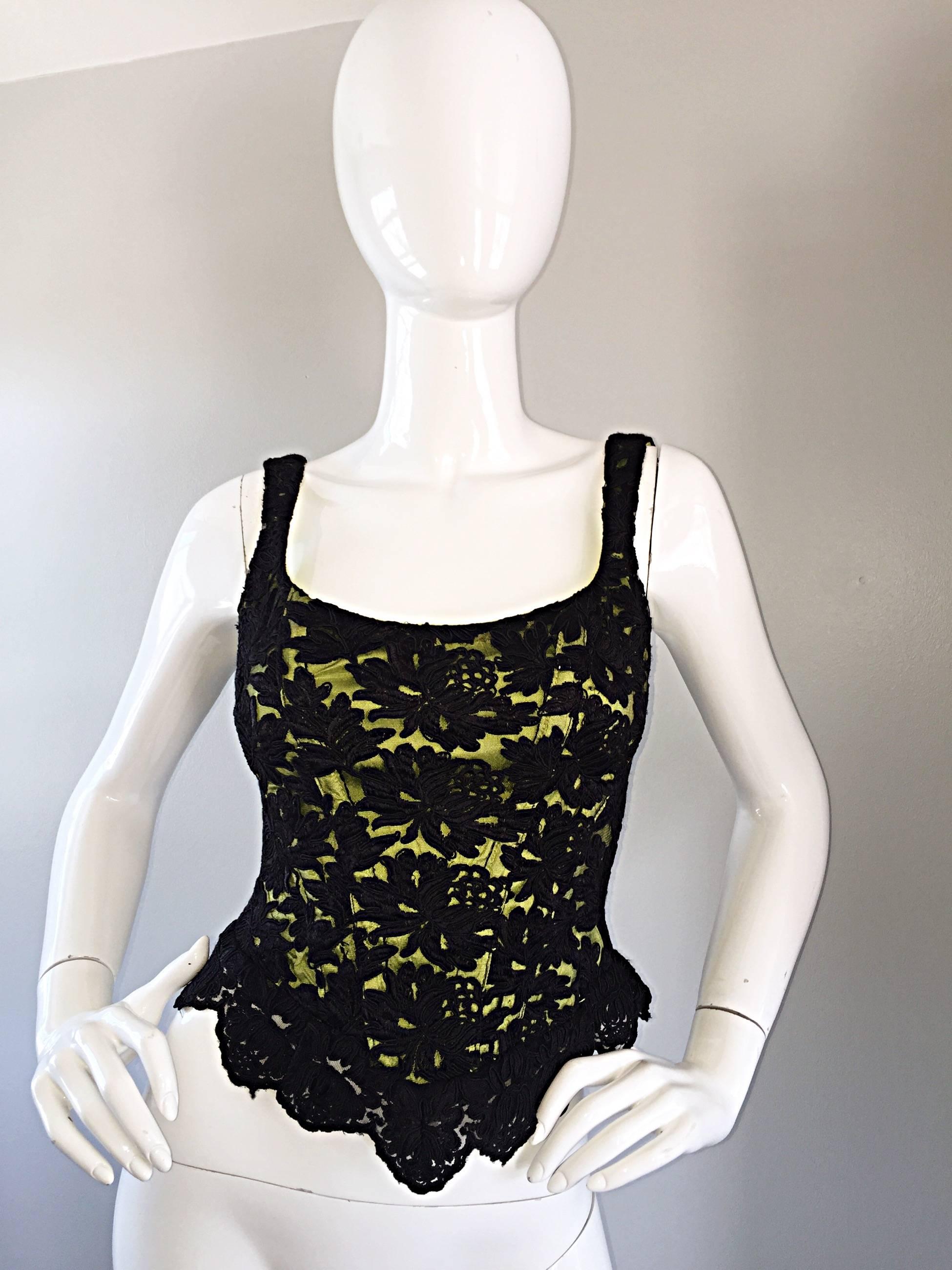 NWT Vintage Gigi Clark For Lillie Rubin 90s Chartreuse + Black Lace Bustier Top For Sale 2