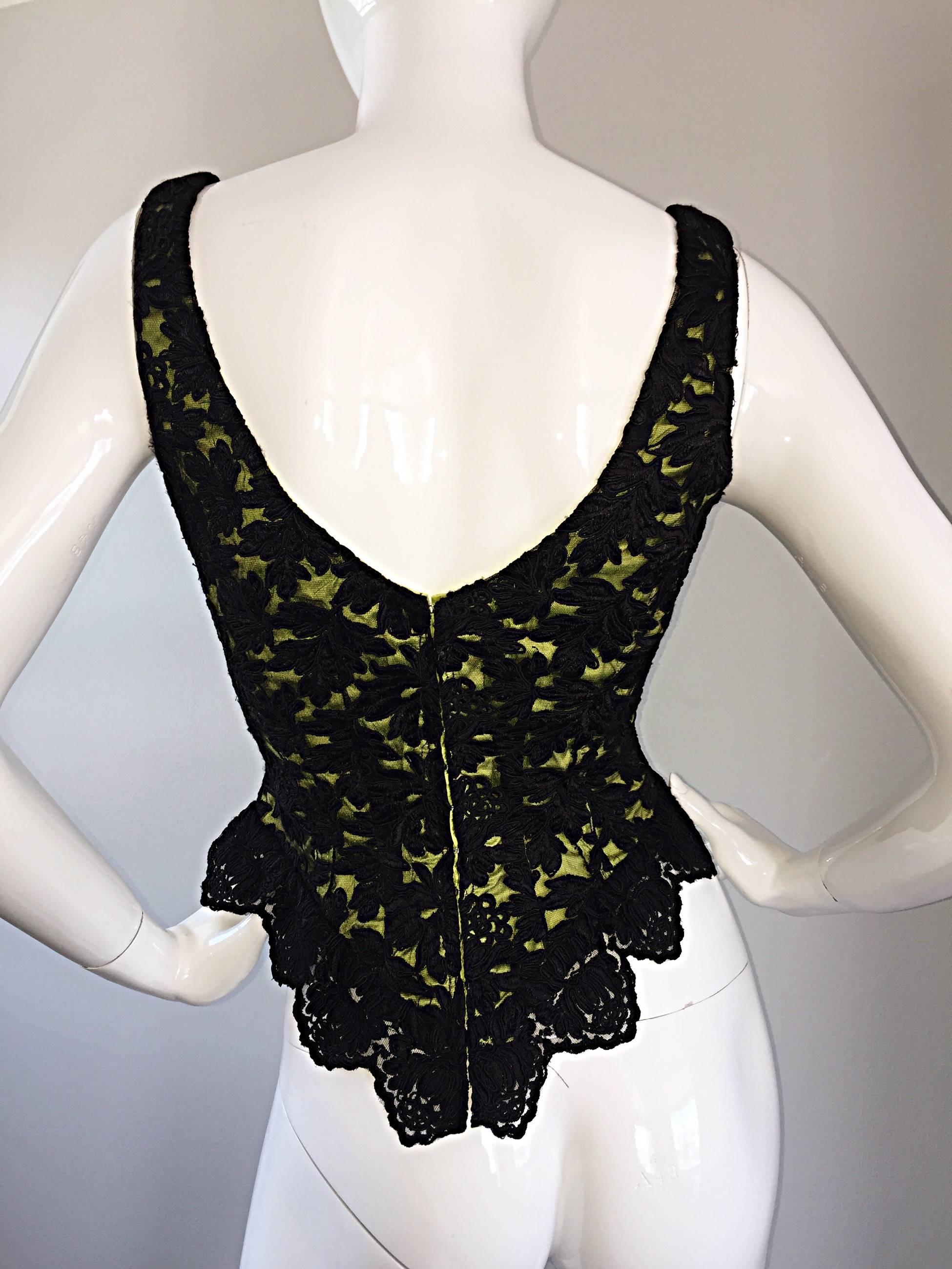 NWT Vintage Gigi Clark For Lillie Rubin 90s Chartreuse + Black Lace Bustier Top For Sale 1