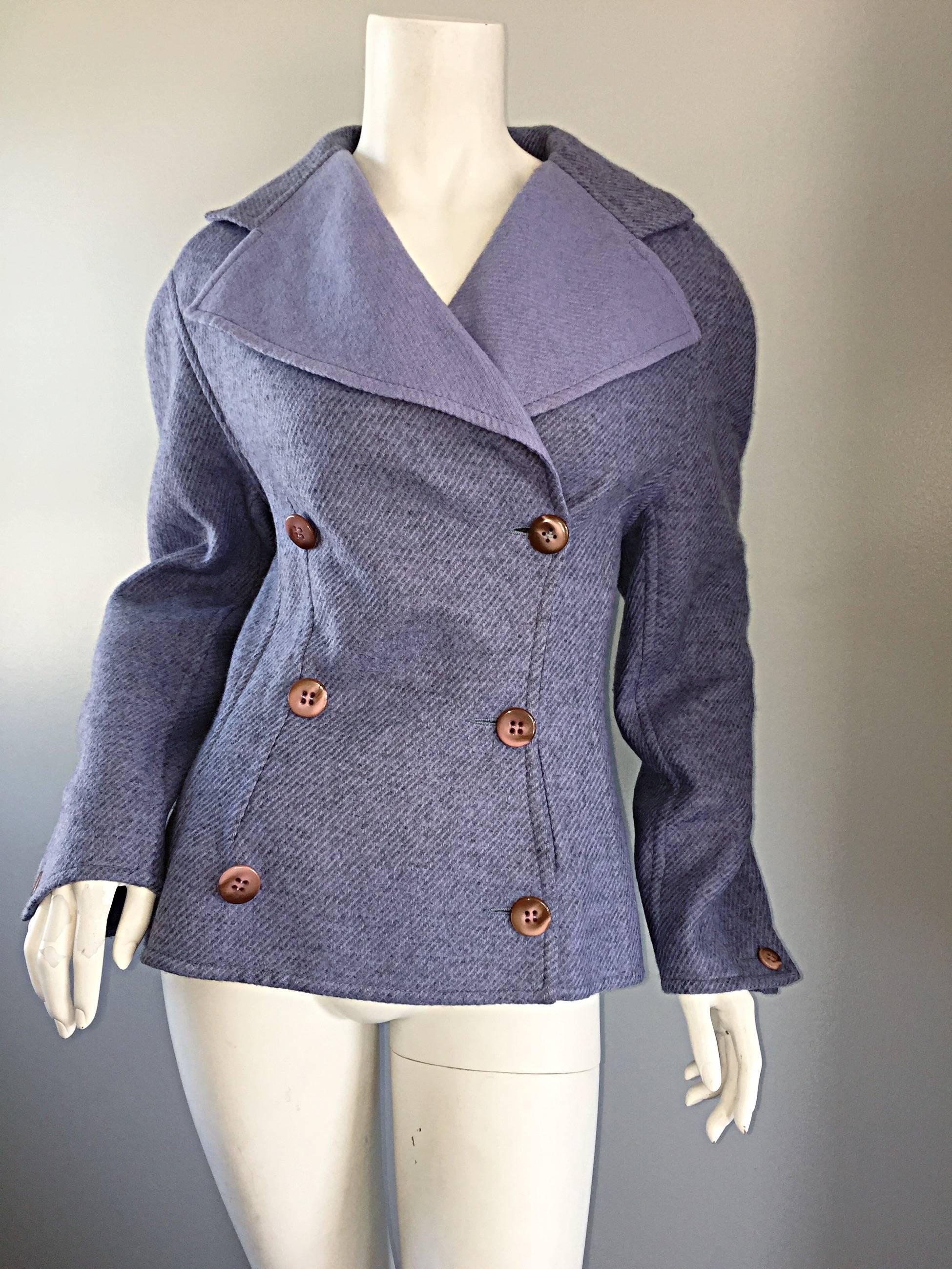 Beautiful vintage BERNARD PERRIS light purple / lavendar Lambswool double breasted Peacoat! Softest Lambswool that feels like cashmere. Features horn buttons up the bodice, with pockets at both sides of the waist. Oversized collar, with large lapels