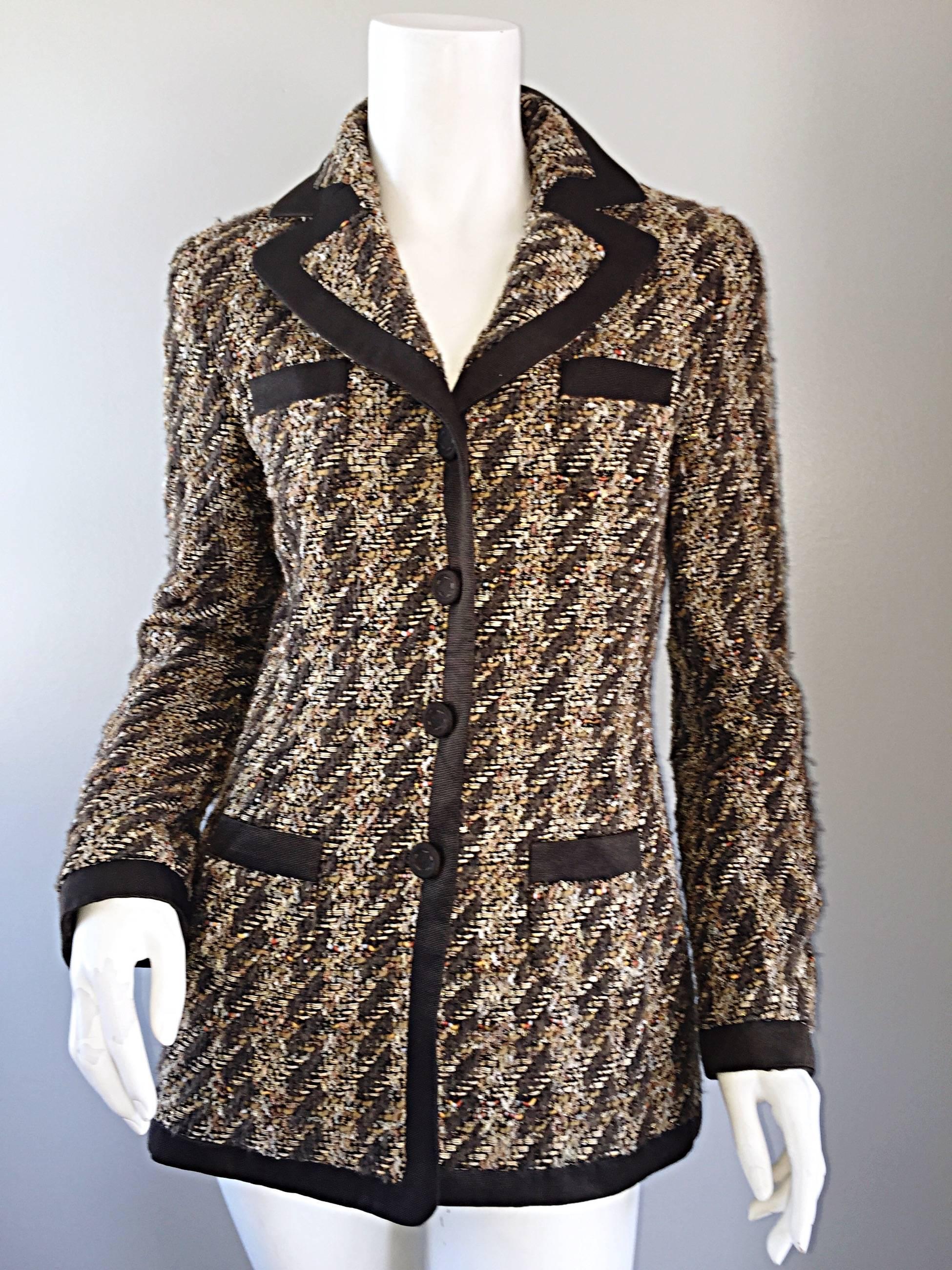 Rena Lange Brown & Ivory Boucle Fantasy Tweed Vintage 90s Blazer Jacket Sz 34 For Sale 1