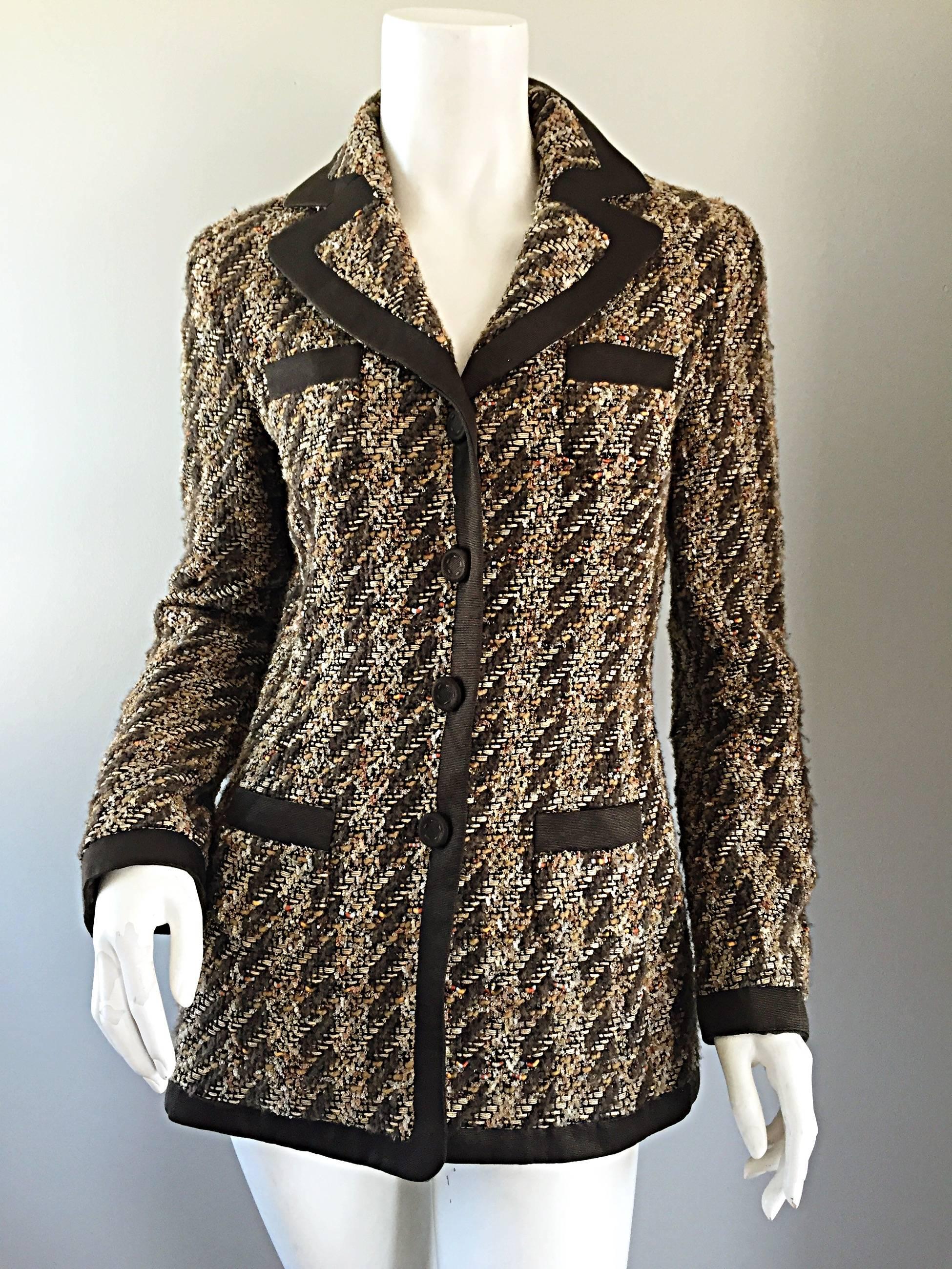 Wonderful vintage 1990s RENA LANGE brown and ivory boucle/fantasy tweed three button blazer jacket! Features multiple hues of browns throughout, with just the right amount of metallic threading. Perfect tailored fit that is so slimming! Four