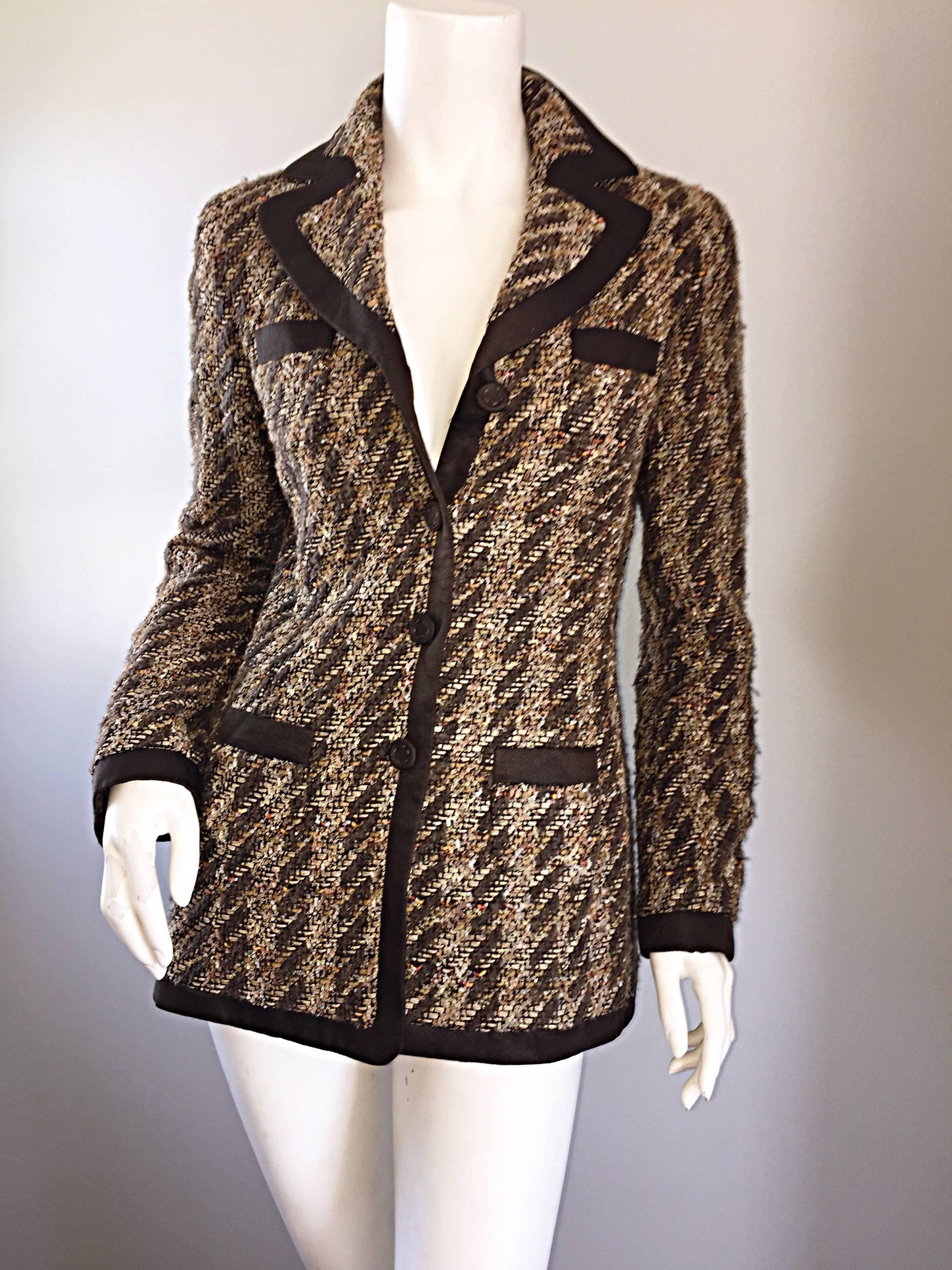 Rena Lange Brown & Ivory Boucle Fantasy Tweed Vintage 90s Blazer Jacket Sz 34 In Excellent Condition For Sale In San Diego, CA