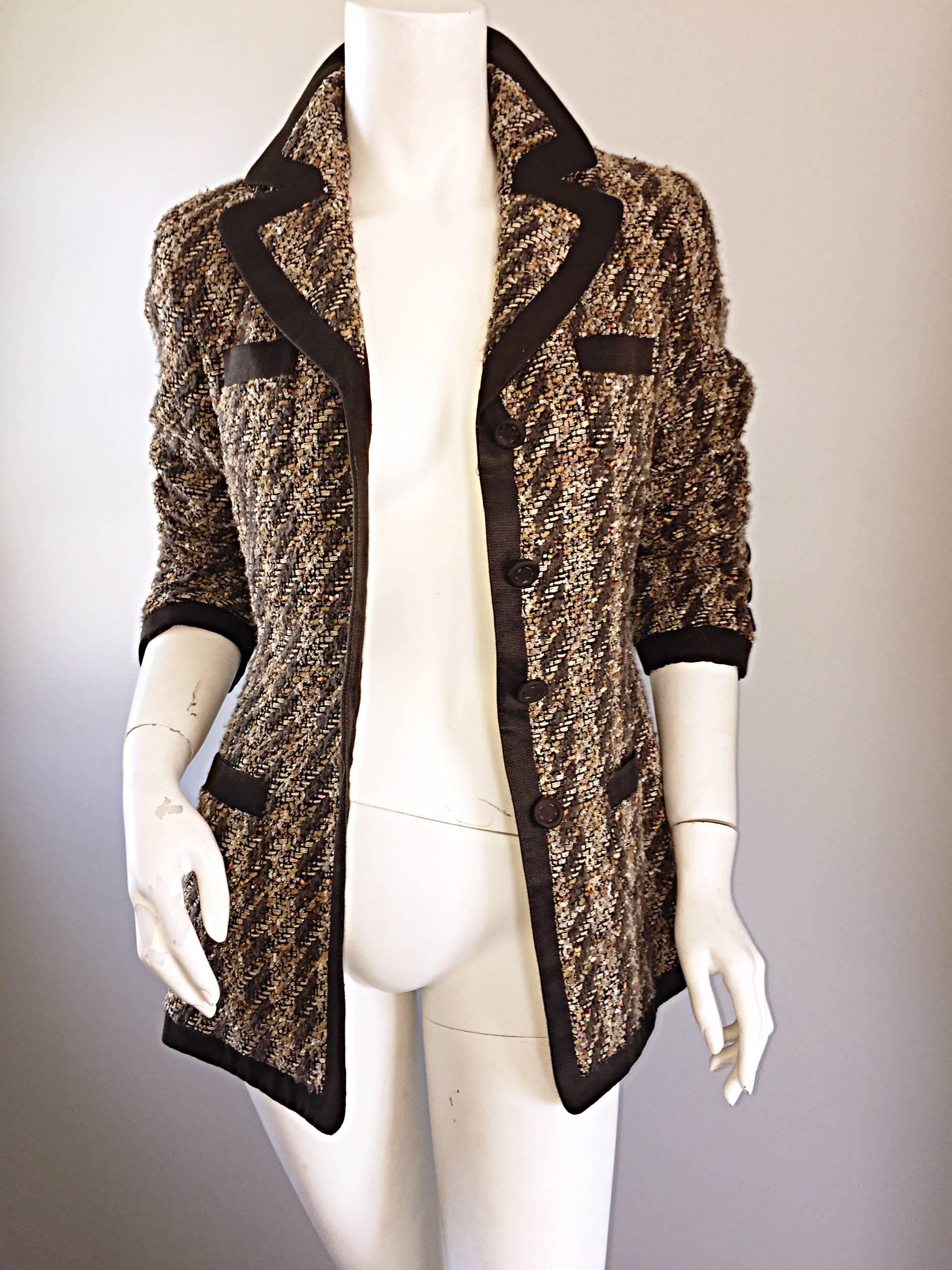 Black Rena Lange Brown & Ivory Boucle Fantasy Tweed Vintage 90s Blazer Jacket Sz 34 For Sale