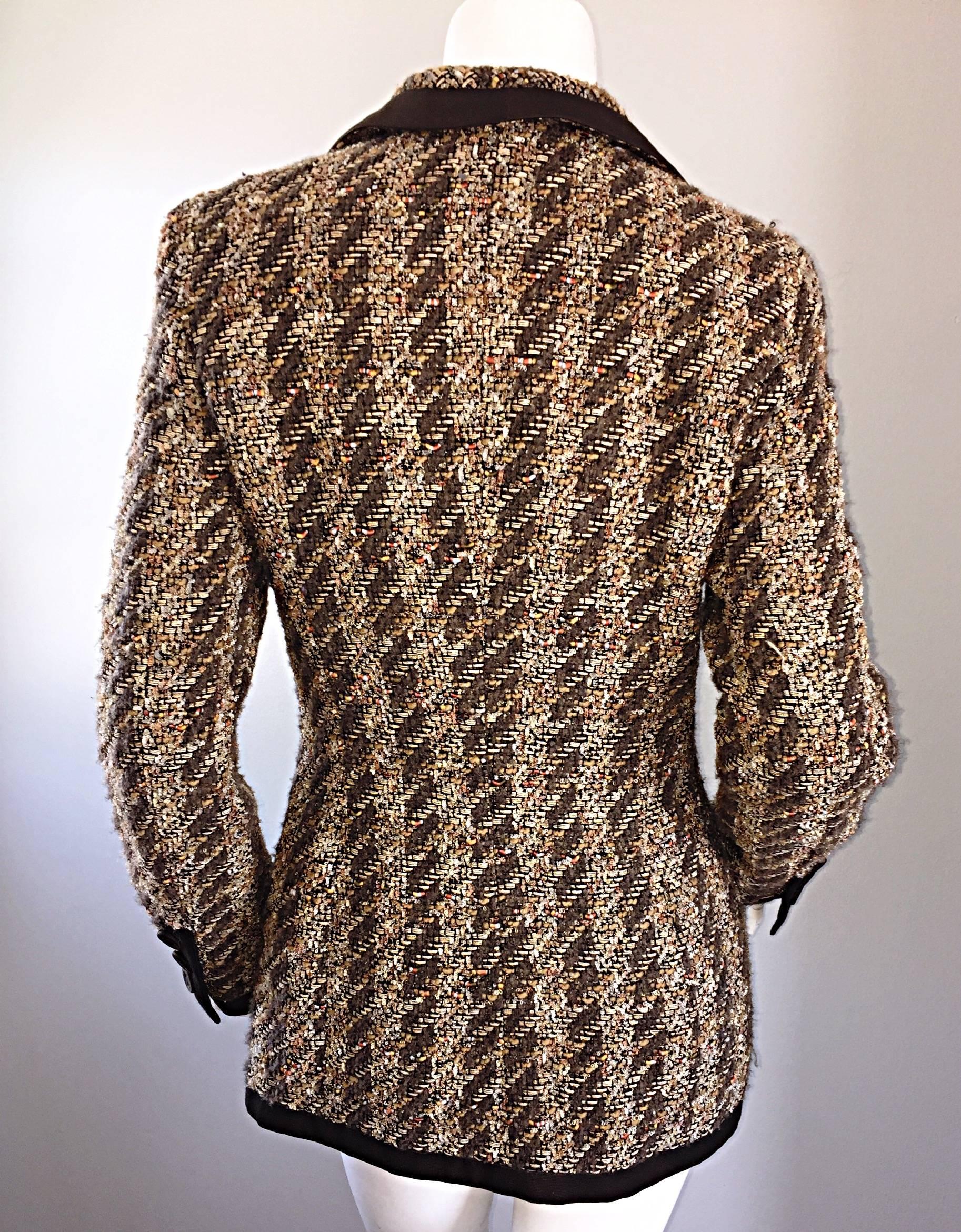 Women's Rena Lange Brown & Ivory Boucle Fantasy Tweed Vintage 90s Blazer Jacket Sz 34 For Sale