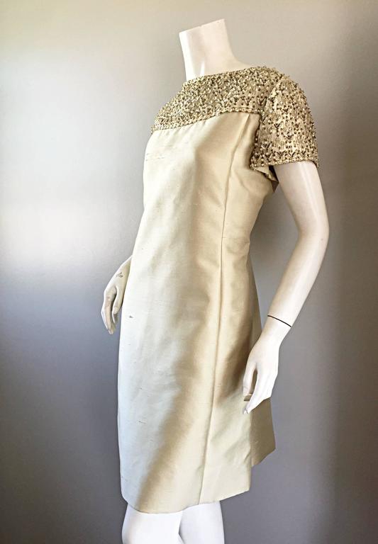 Women's 1960s Malcolm Starr Light Green Raw Silk Sequin + Beaded + Crystal A  Line Dress For Sale