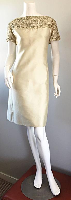 1960s Malcolm Starr Light Green Raw Silk Sequin + Beaded + Crystal A  Line Dress For Sale 4