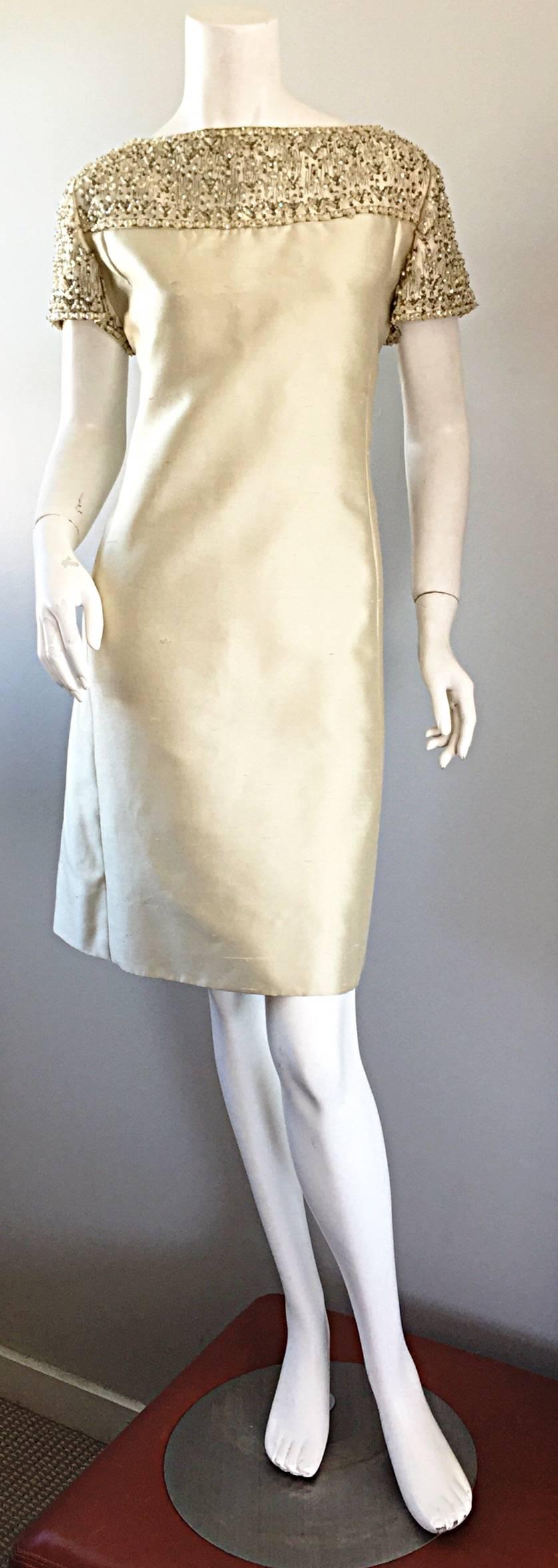 1960s Malcolm Starr Light Green Raw Silk Sequin + Beaded + Crystal A  Line Dress 1