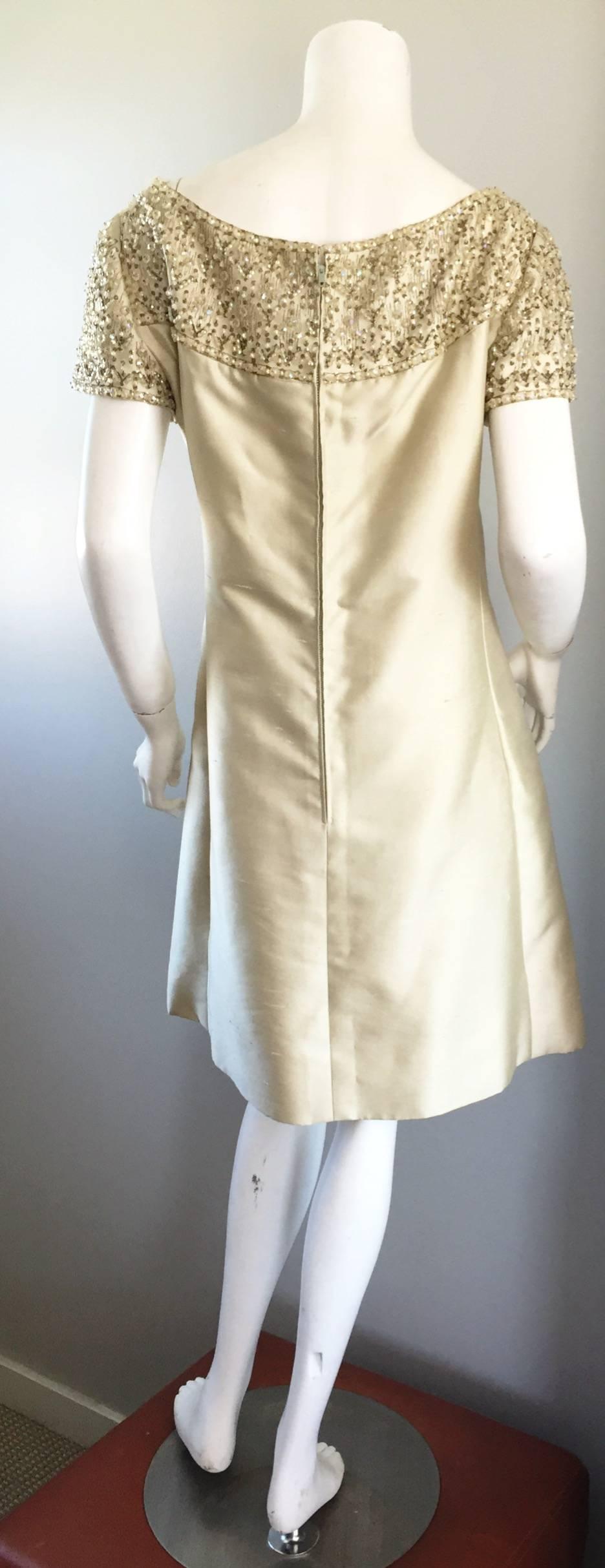Beige 1960s Malcolm Starr Light Green Raw Silk Sequin + Beaded + Crystal A  Line Dress