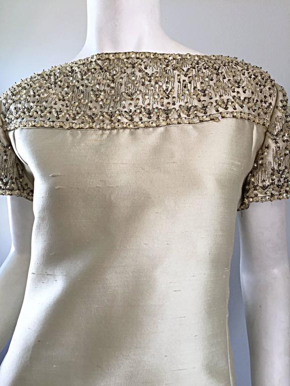 Beige 1960s Malcolm Starr Light Green Raw Silk Sequin + Beaded + Crystal A  Line Dress For Sale