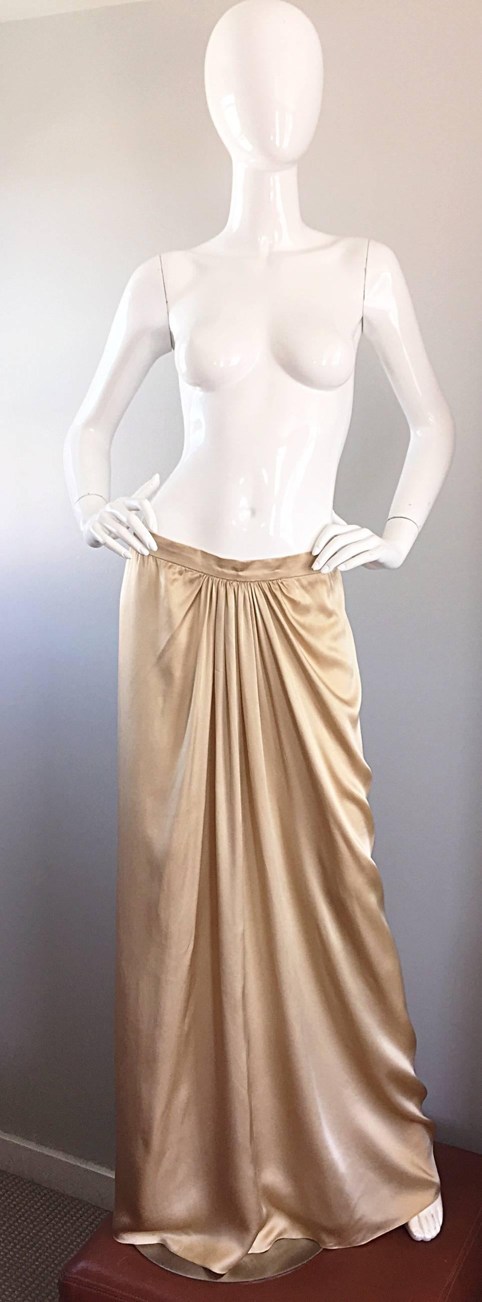 Simply stunning vintage PAMELA DENNIS, for Bergdorf Goodman, gold silk Grecian inspired evening maxi skirt! Dramatic floor length, with intricate pleating / draping details. This skirt features the finest of any silk I have seen, and literally flows