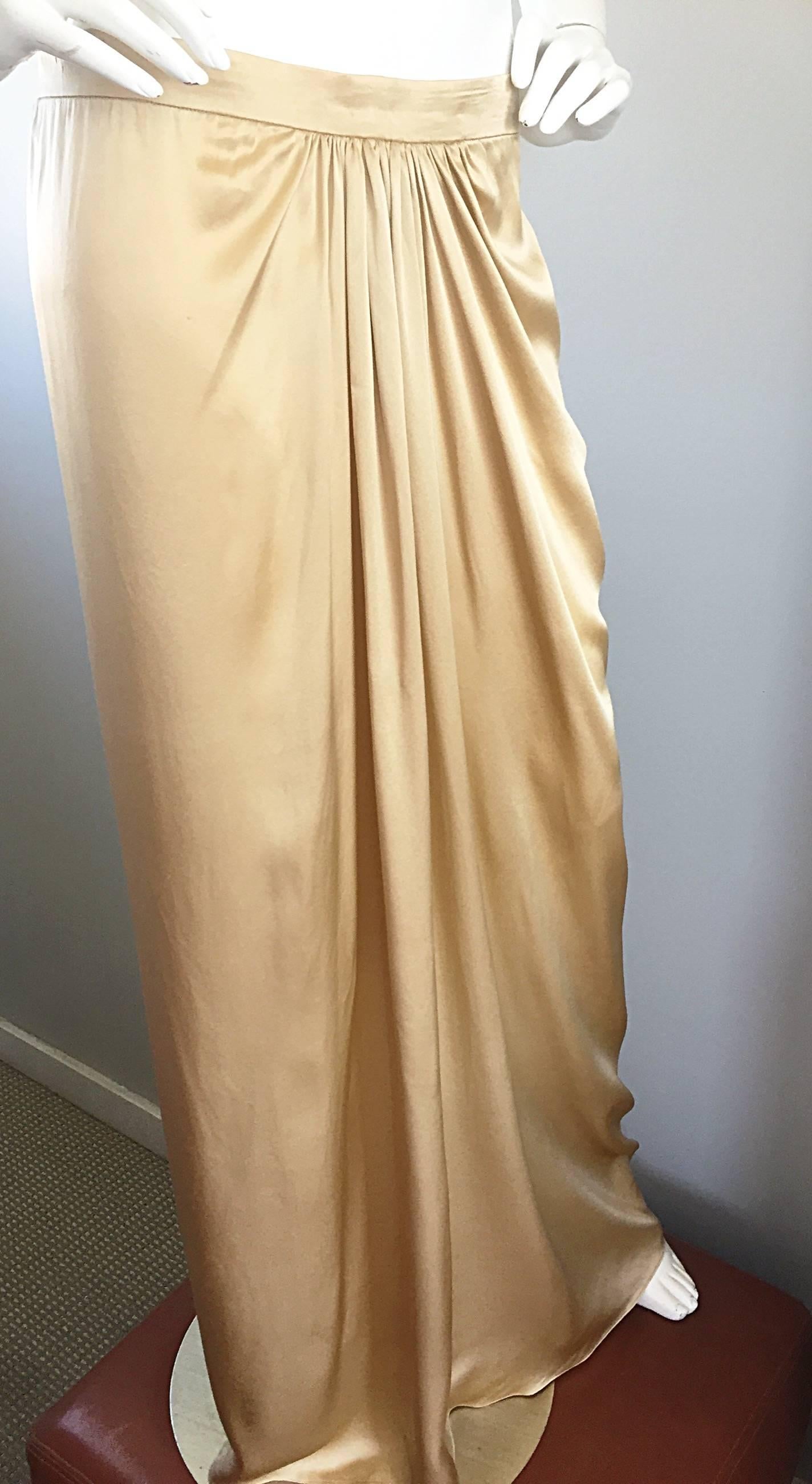 Pamela Dennis Couture Vintage Gold ' Liquid ' Silk Grecian Long Evening Skirt In Excellent Condition For Sale In San Diego, CA