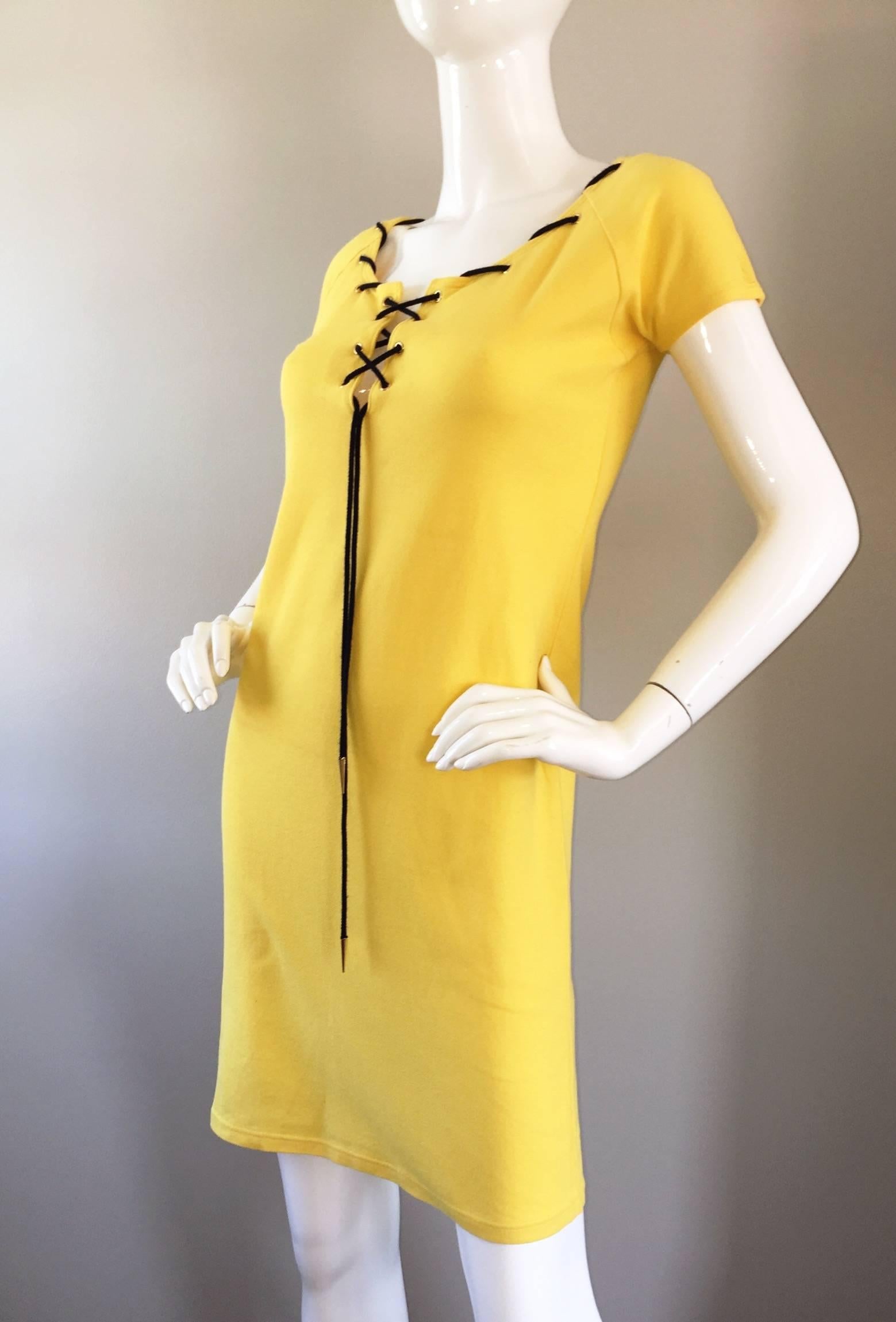 Vintage Yves Saint Laurent Yellow Knit + Navy Blue String Nautical Safari Dress In Excellent Condition In San Diego, CA