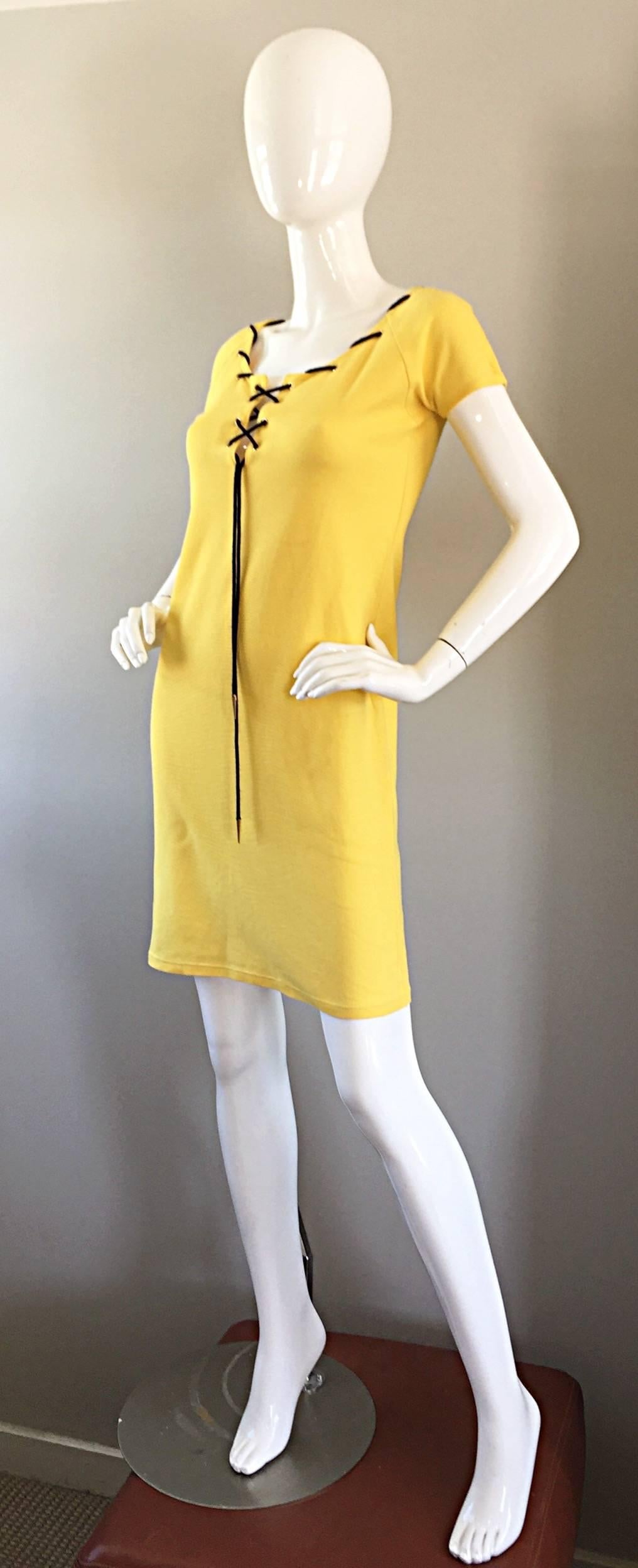 Women's Vintage Yves Saint Laurent Yellow Knit + Navy Blue String Nautical Safari Dress